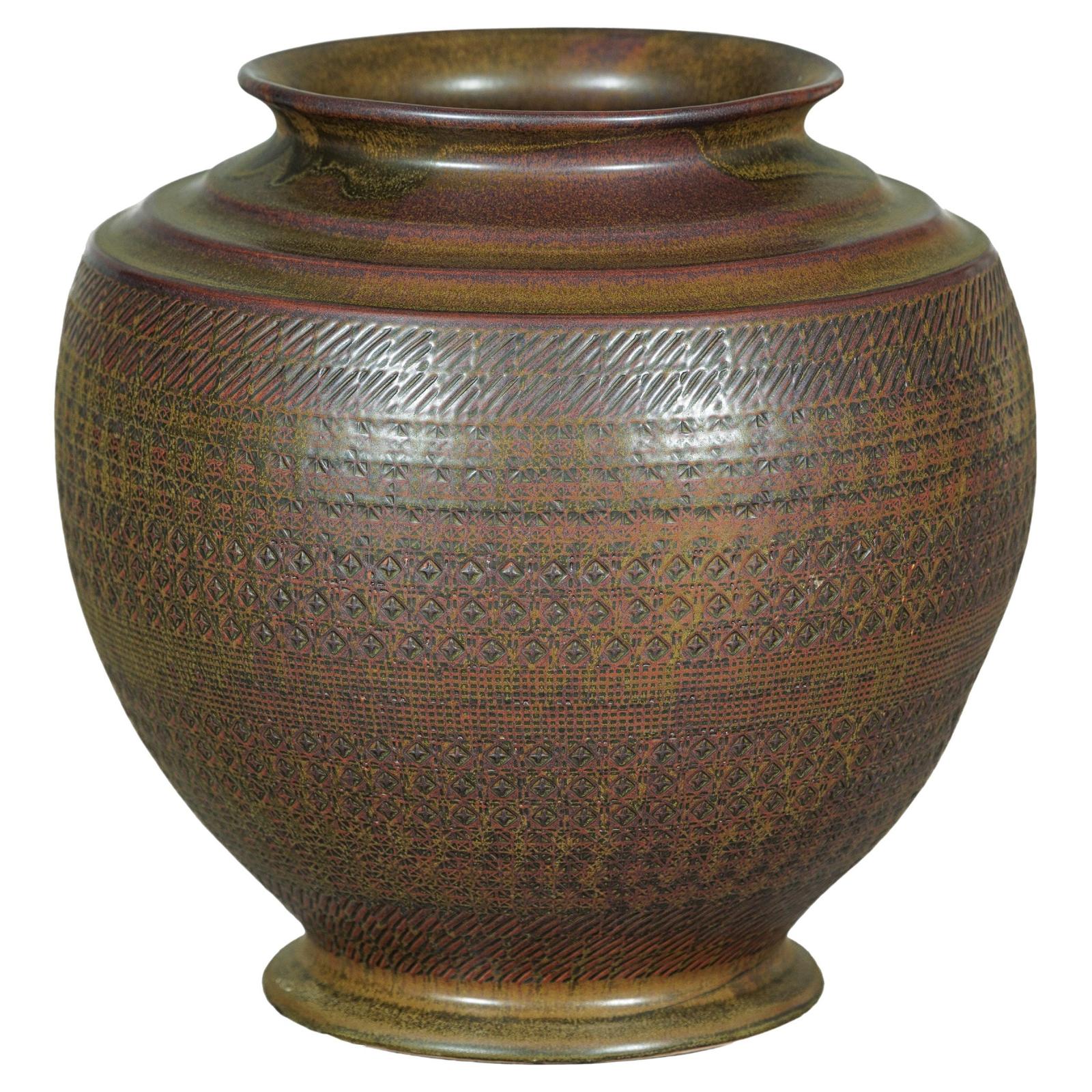 Large Ceramic Vase with Intricate Textured Pattern in Brown &amp; Green - image 1