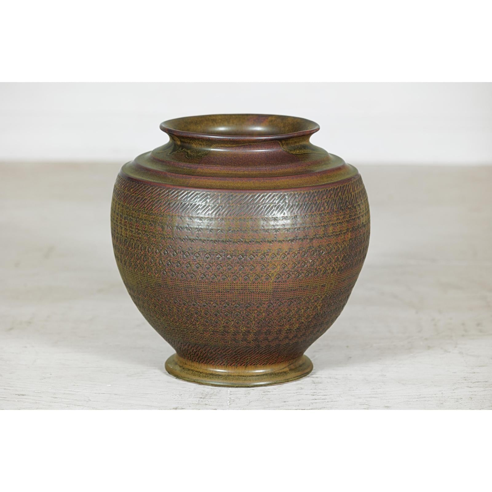 Large Ceramic Vase with Intricate Textured Pattern in Brown &amp; Green - image 12