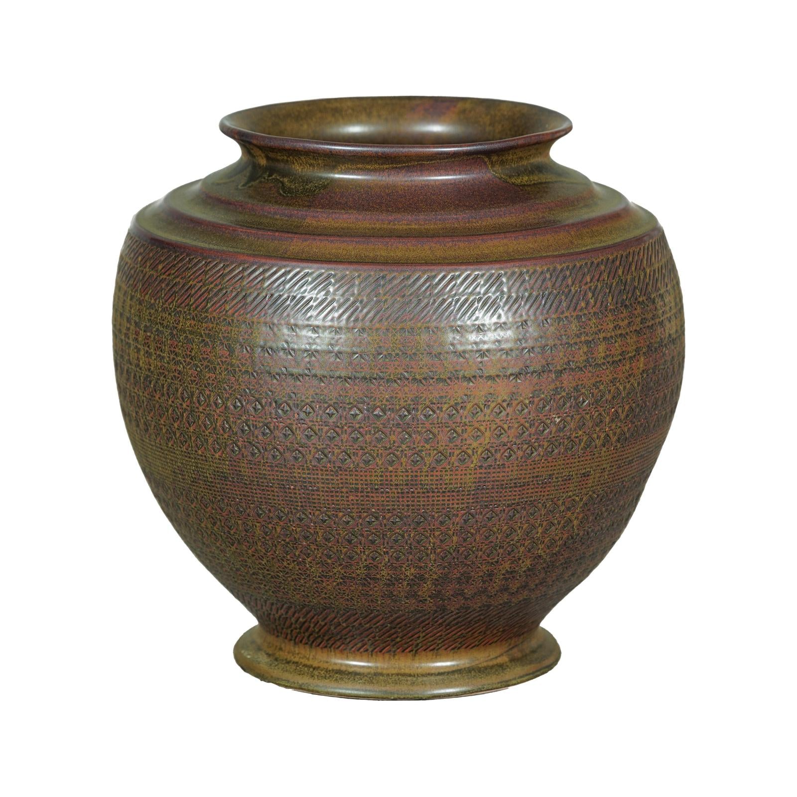 Large Ceramic Vase with Intricate Textured Pattern in Brown &amp; Green - image 13