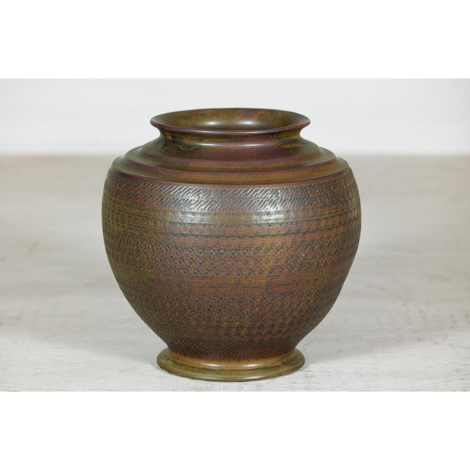 Large Ceramic Vase with Intricate Textured Pattern in Brown &amp; Green - image 2