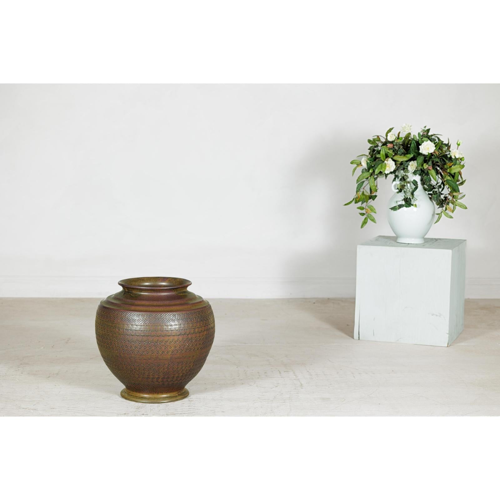 Large Ceramic Vase with Intricate Textured Pattern in Brown &amp; Green - image 3