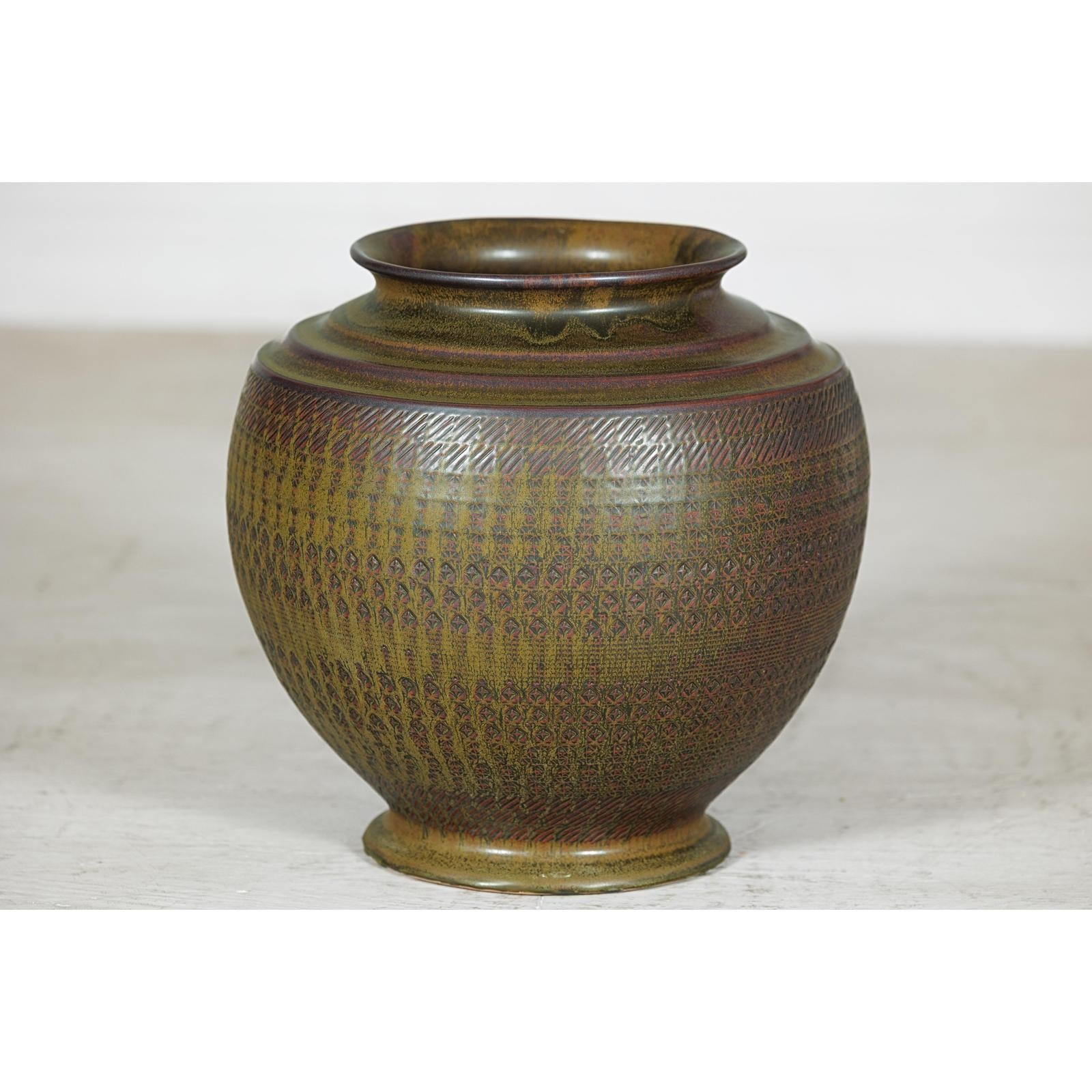 Large Ceramic Vase with Intricate Textured Pattern in Brown &amp; Green - image 4