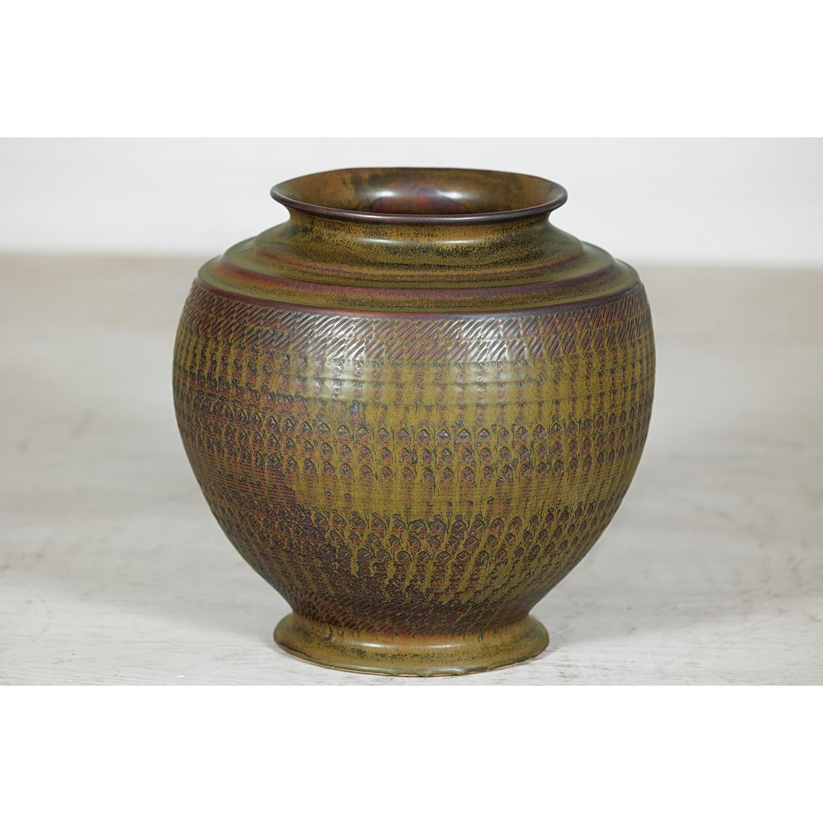 Large Ceramic Vase with Intricate Textured Pattern in Brown &amp; Green - image 5