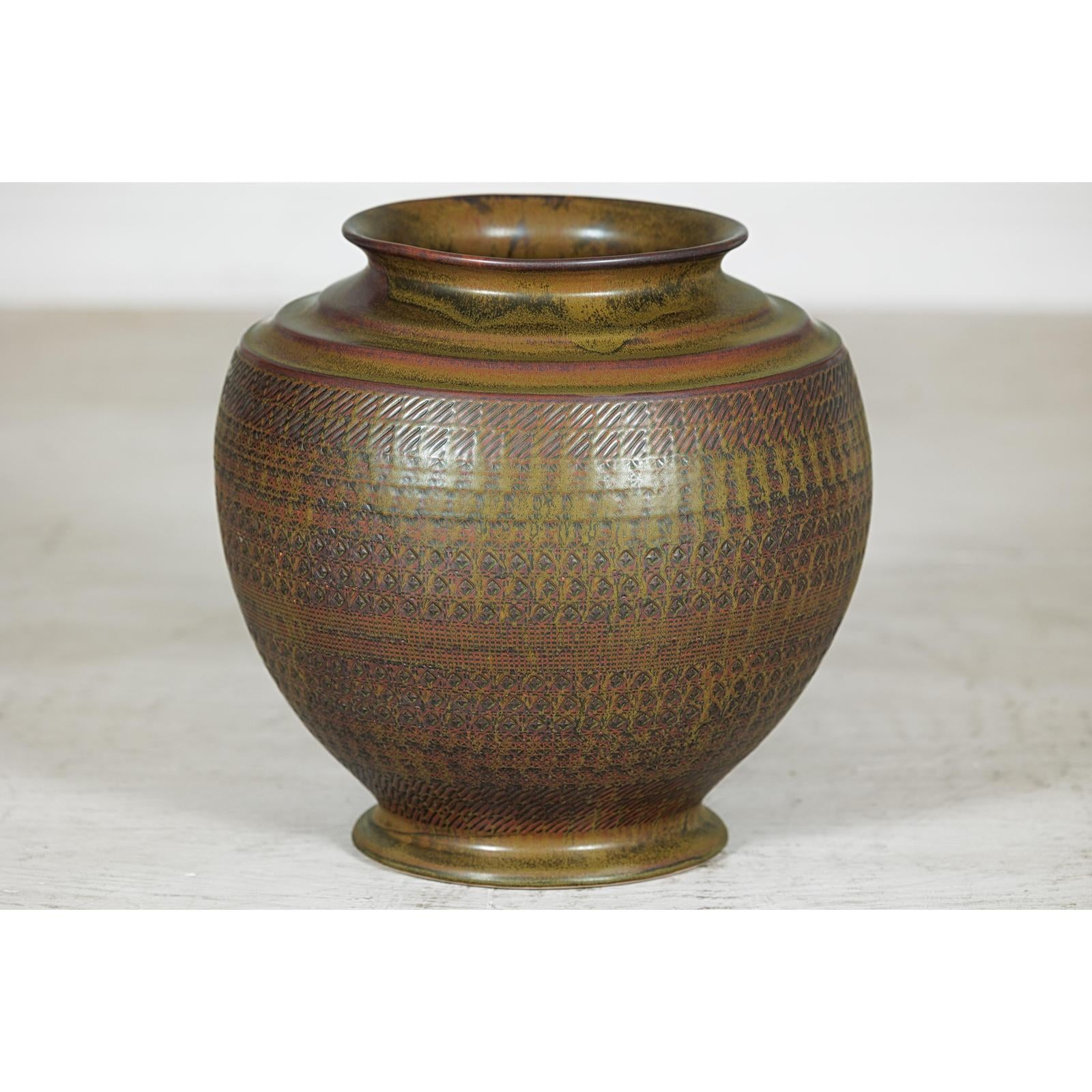 Large Ceramic Vase with Intricate Textured Pattern in Brown &amp; Green - image 6