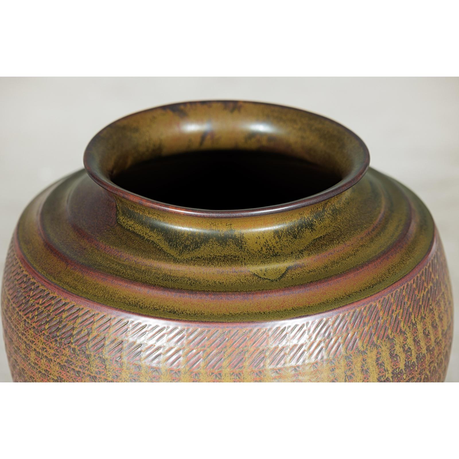 Large Ceramic Vase with Intricate Textured Pattern in Brown &amp; Green - image 7