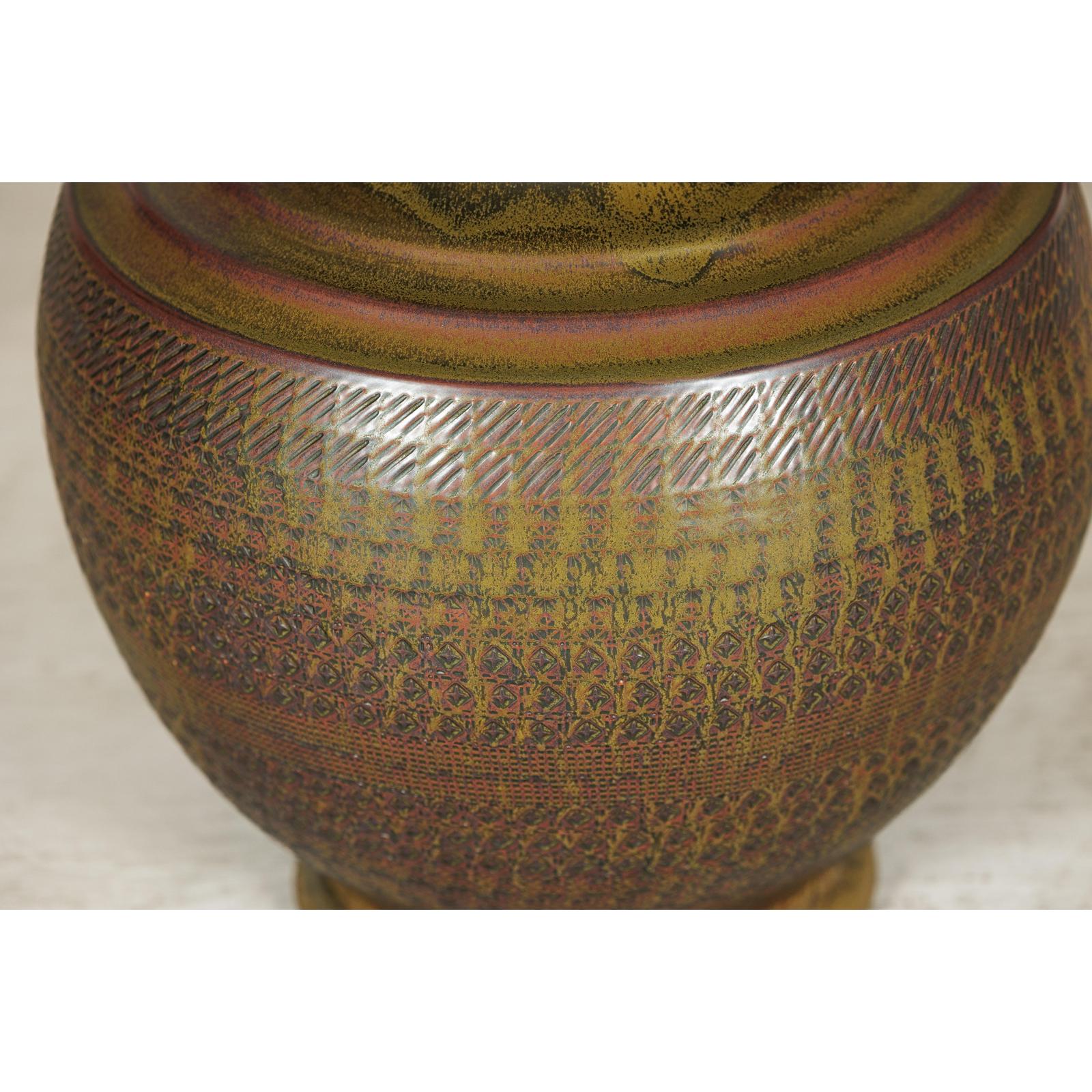 Large Ceramic Vase with Intricate Textured Pattern in Brown &amp; Green - image 8