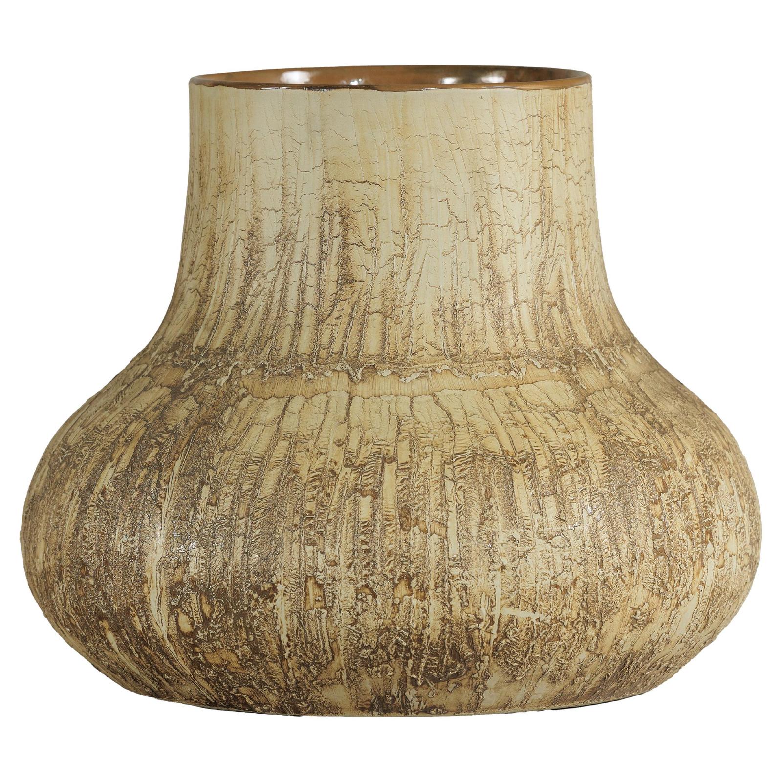 Close-up of a wide, round ceramic vase with textured cream and earth tones, rustic finish, and narrow top opening.