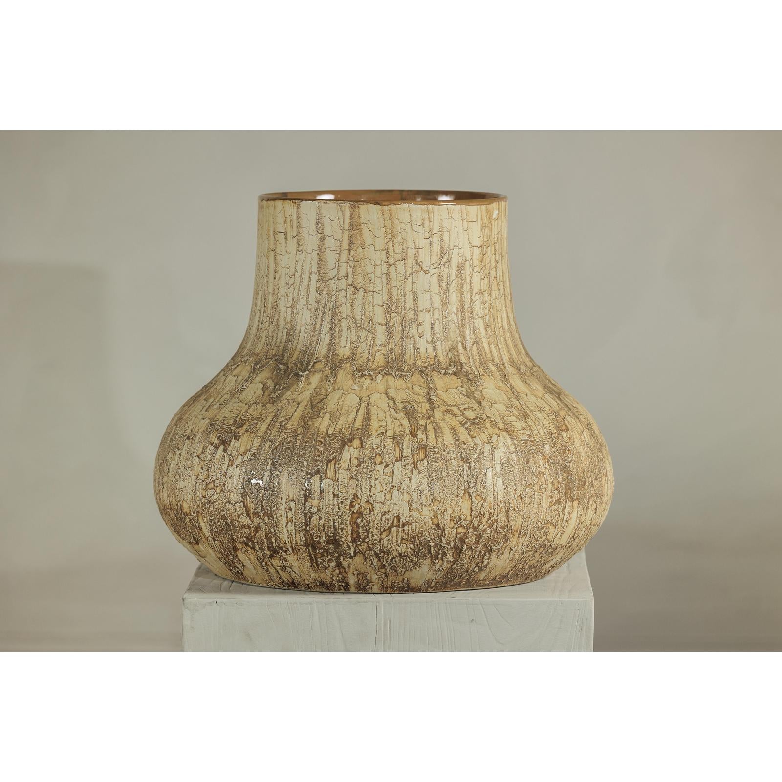 Large Ceramic Vase with Textured Cream and Earth Tones