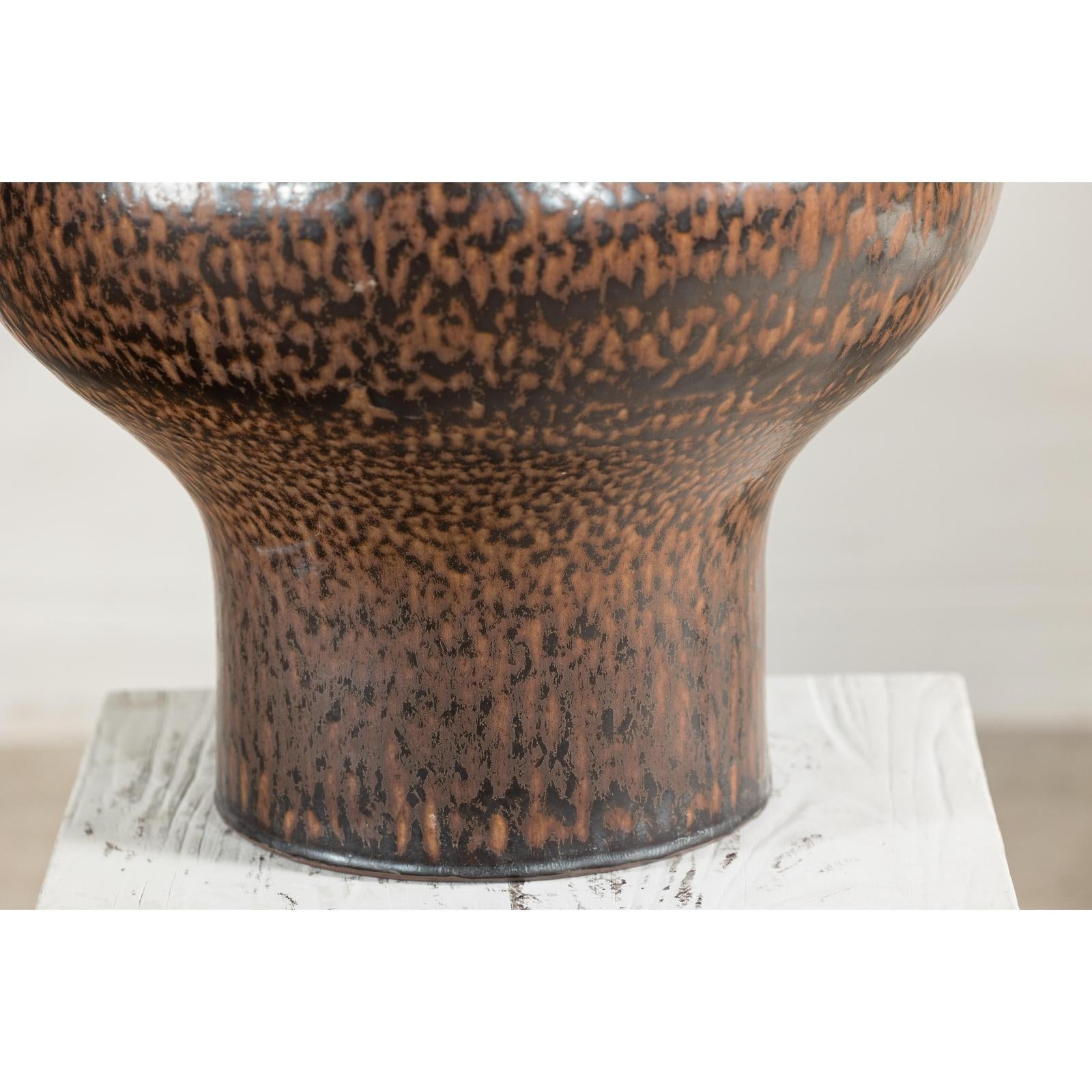 Large Ceramic Vase with Wide Mouth &amp; Speckled Brown Glaze