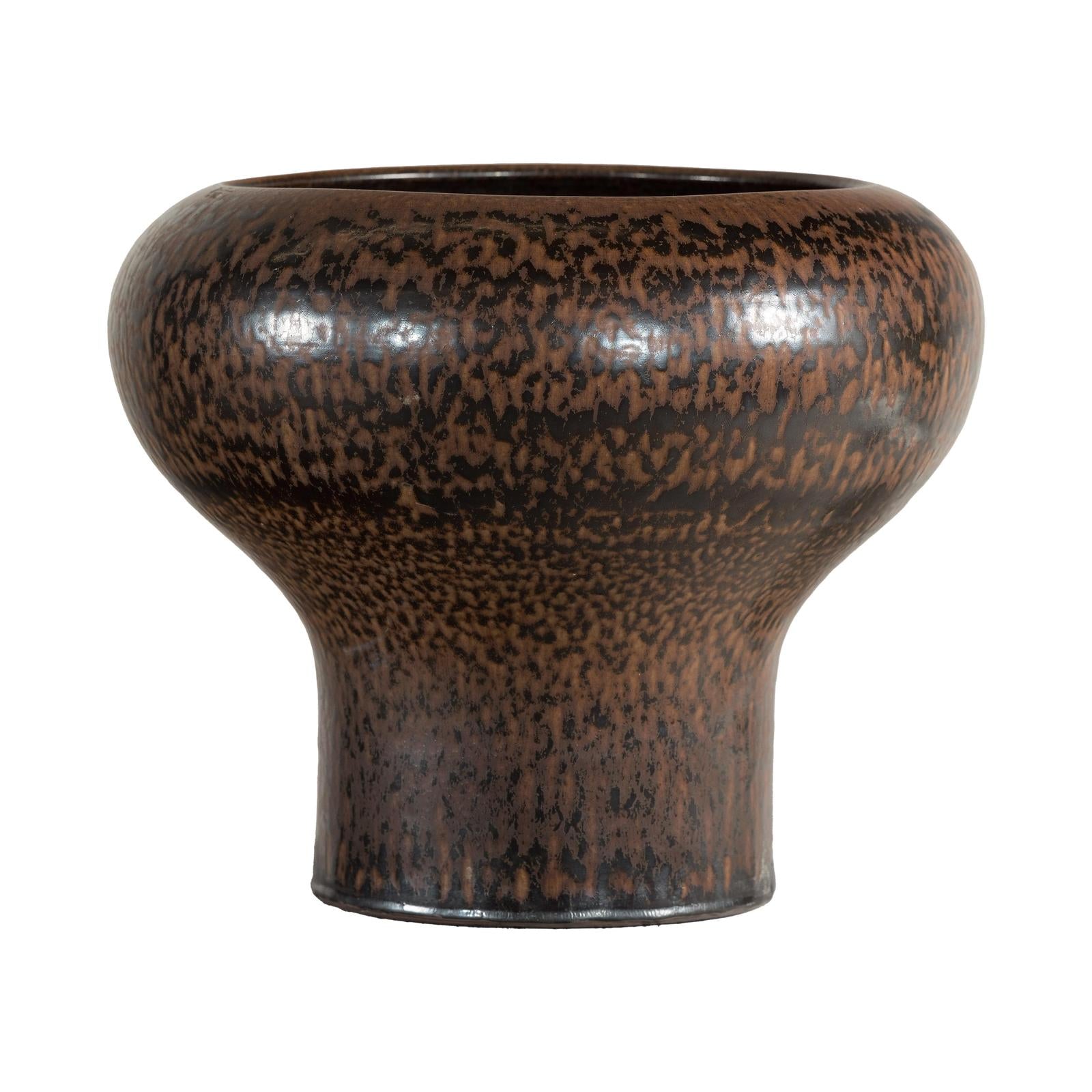 Large Ceramic Vase with Wide Mouth &amp; Speckled Brown Glaze