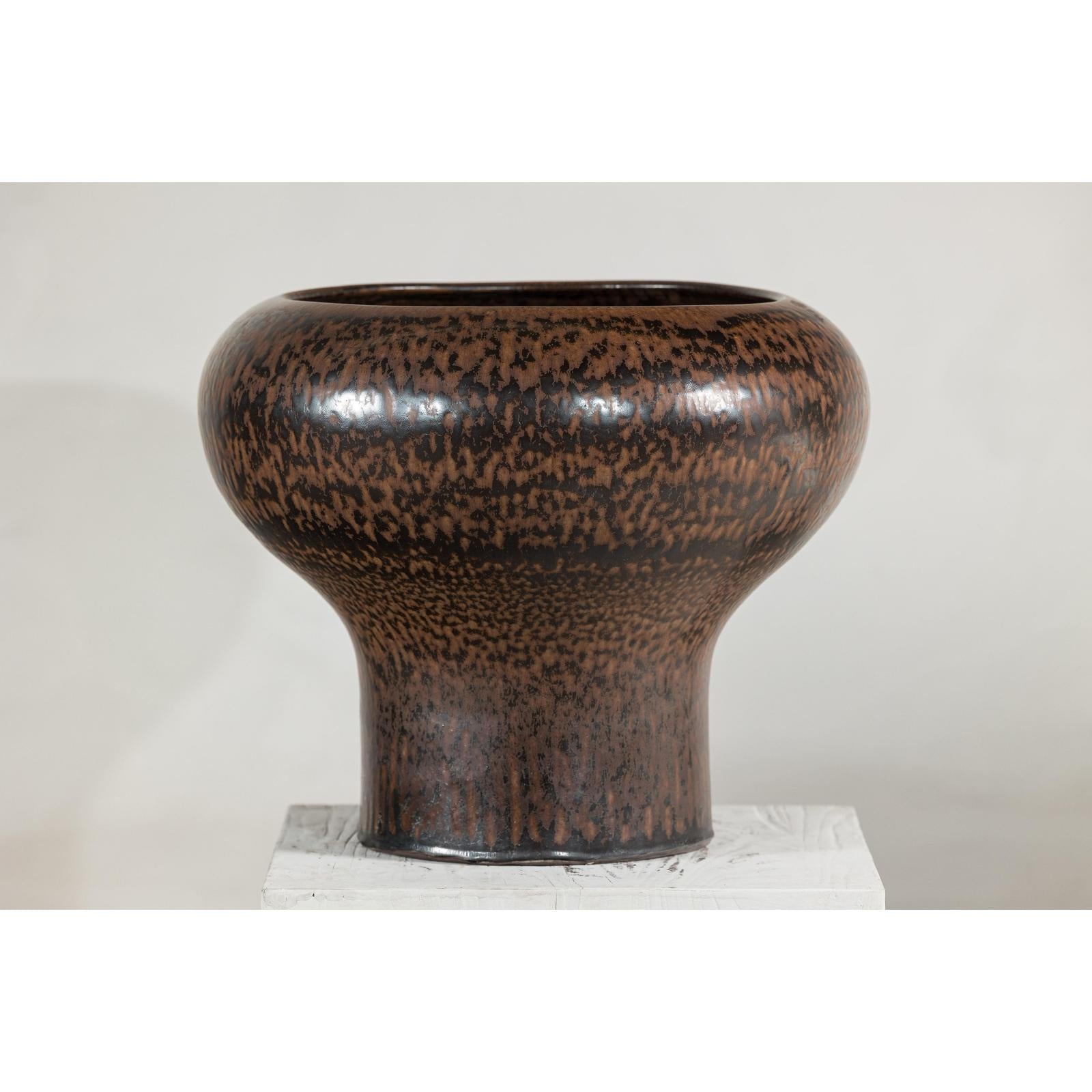 Large Ceramic Vase with Wide Mouth &amp; Speckled Brown Glaze