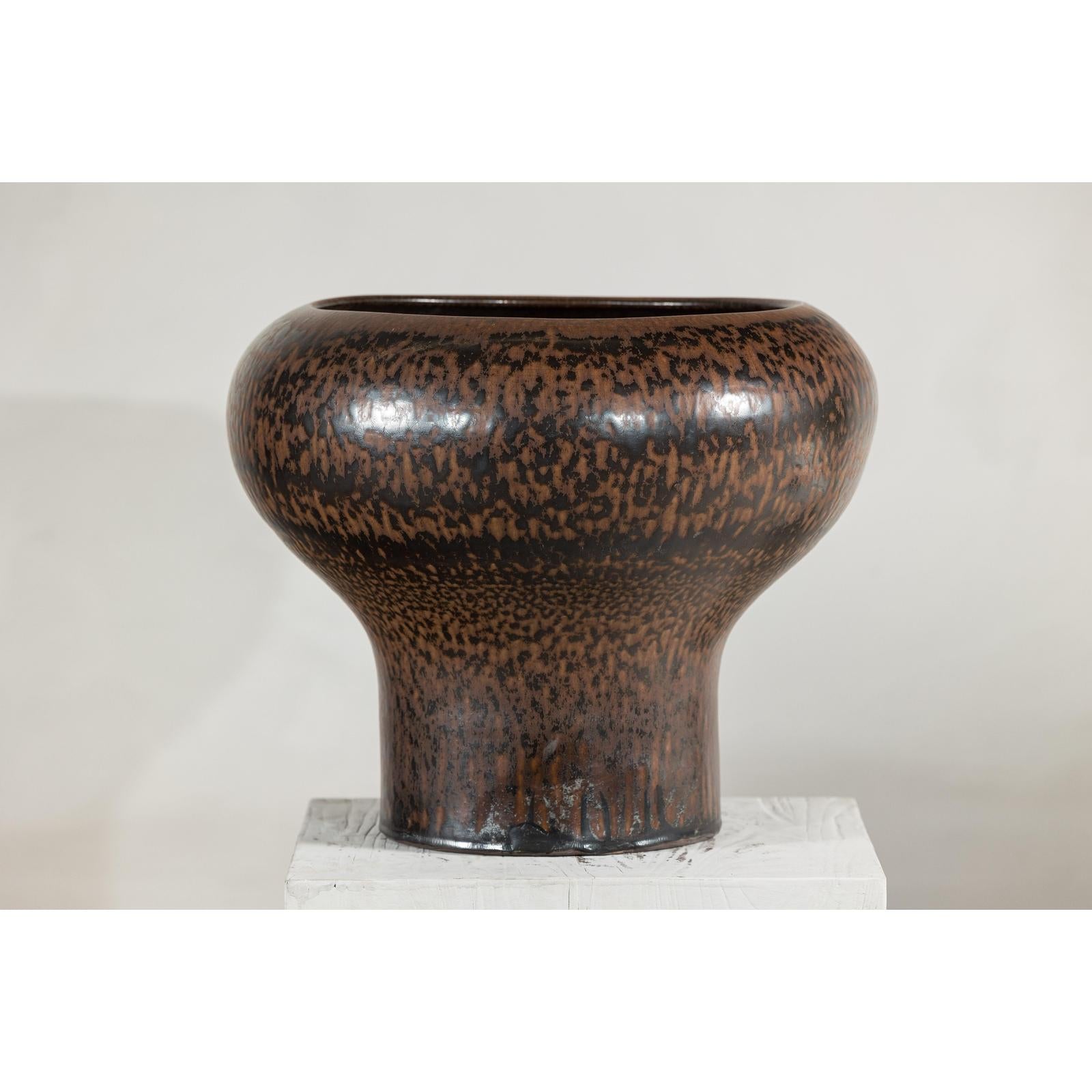 Large Ceramic Vase with Wide Mouth &amp; Speckled Brown Glaze
