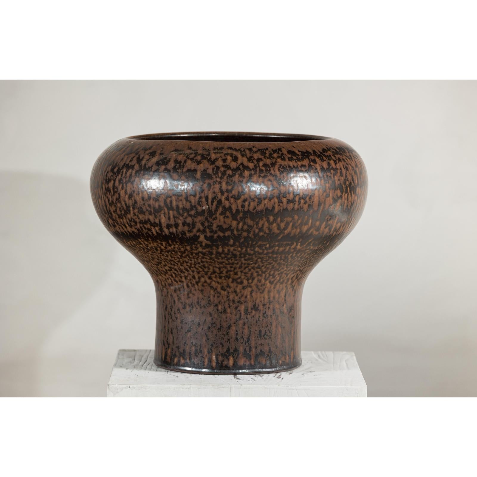 Large Ceramic Vase with Wide Mouth &amp; Speckled Brown Glaze