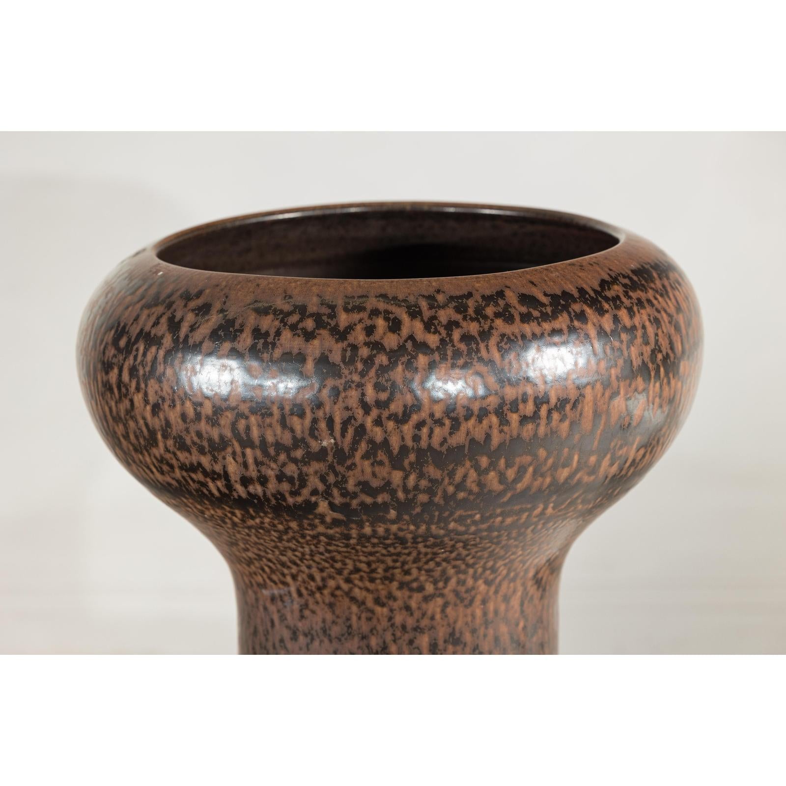 Large Ceramic Vase with Wide Mouth &amp; Speckled Brown Glaze