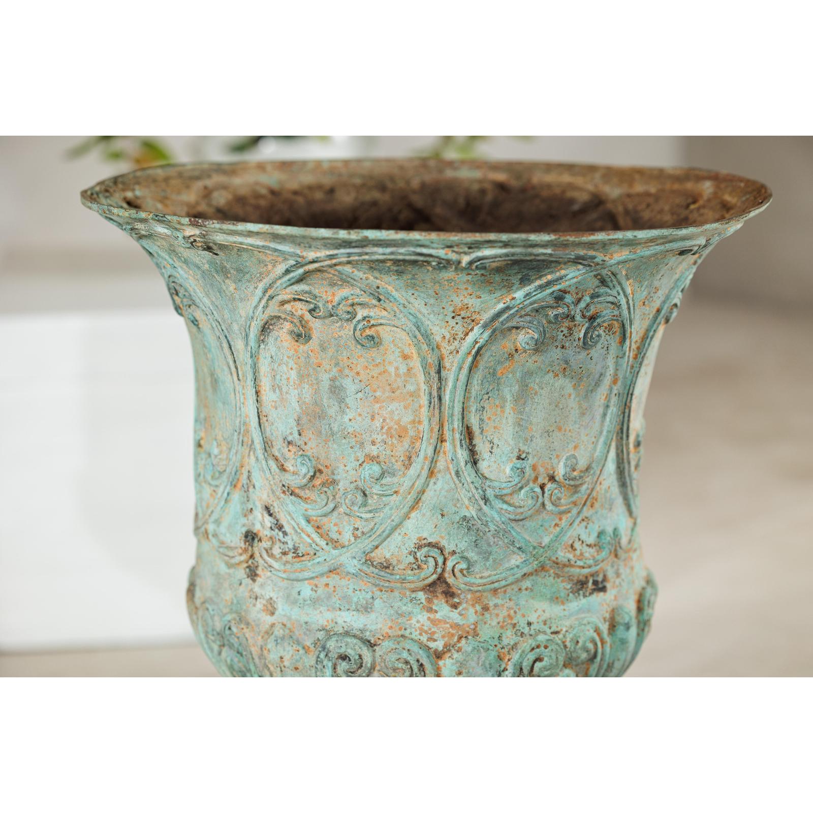 Large Decorative Bronze Urn with Verdigris Patina and Classical Relief Motifs-12. Asian &amp; Chinese Furniture, Art, Antiques, Vintage Home Décor for sale at FEA Home