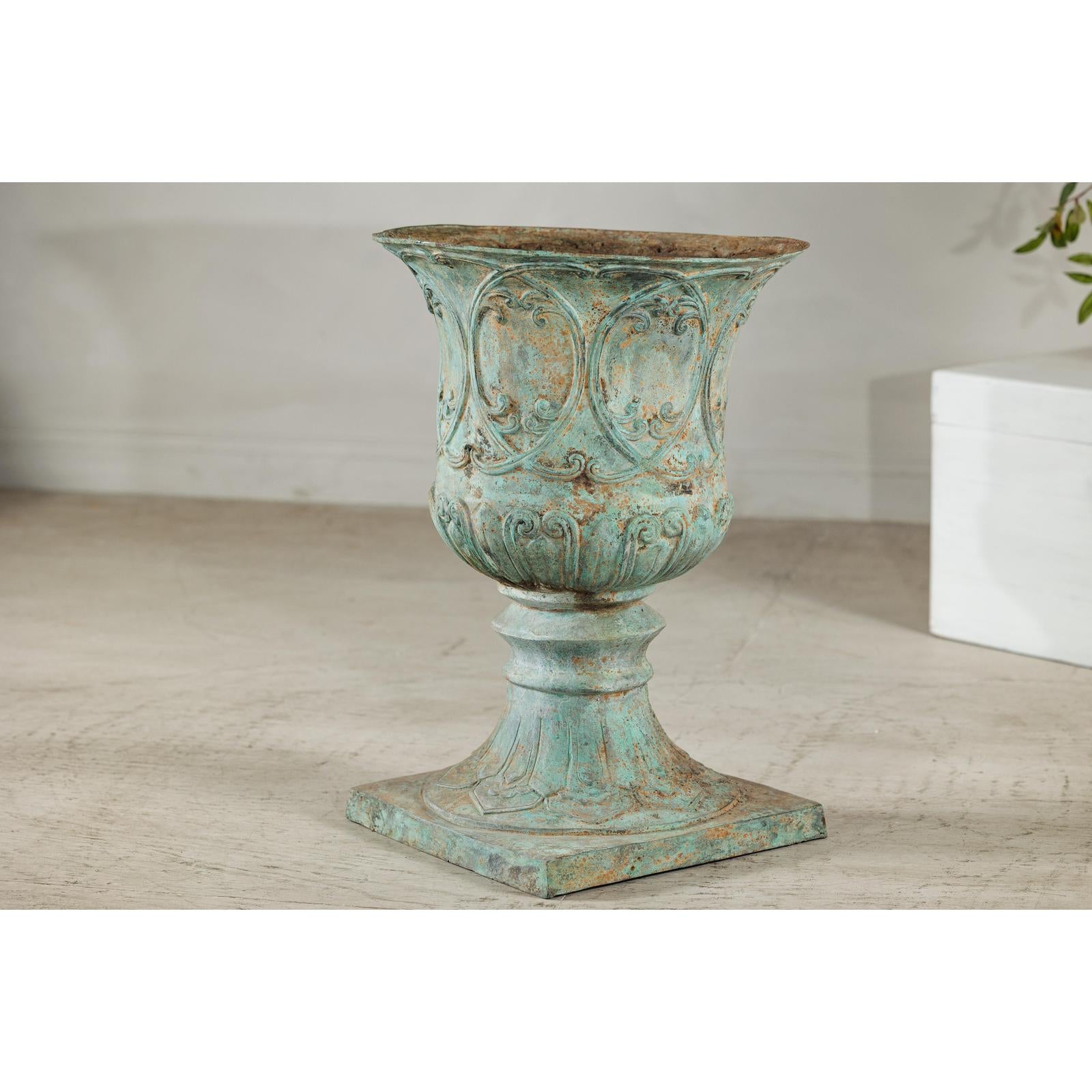 Large Decorative Bronze Urn with Verdigris Patina and Classical Relief Motifs-14. Asian &amp; Chinese Furniture, Art, Antiques, Vintage Home Décor for sale at FEA Home