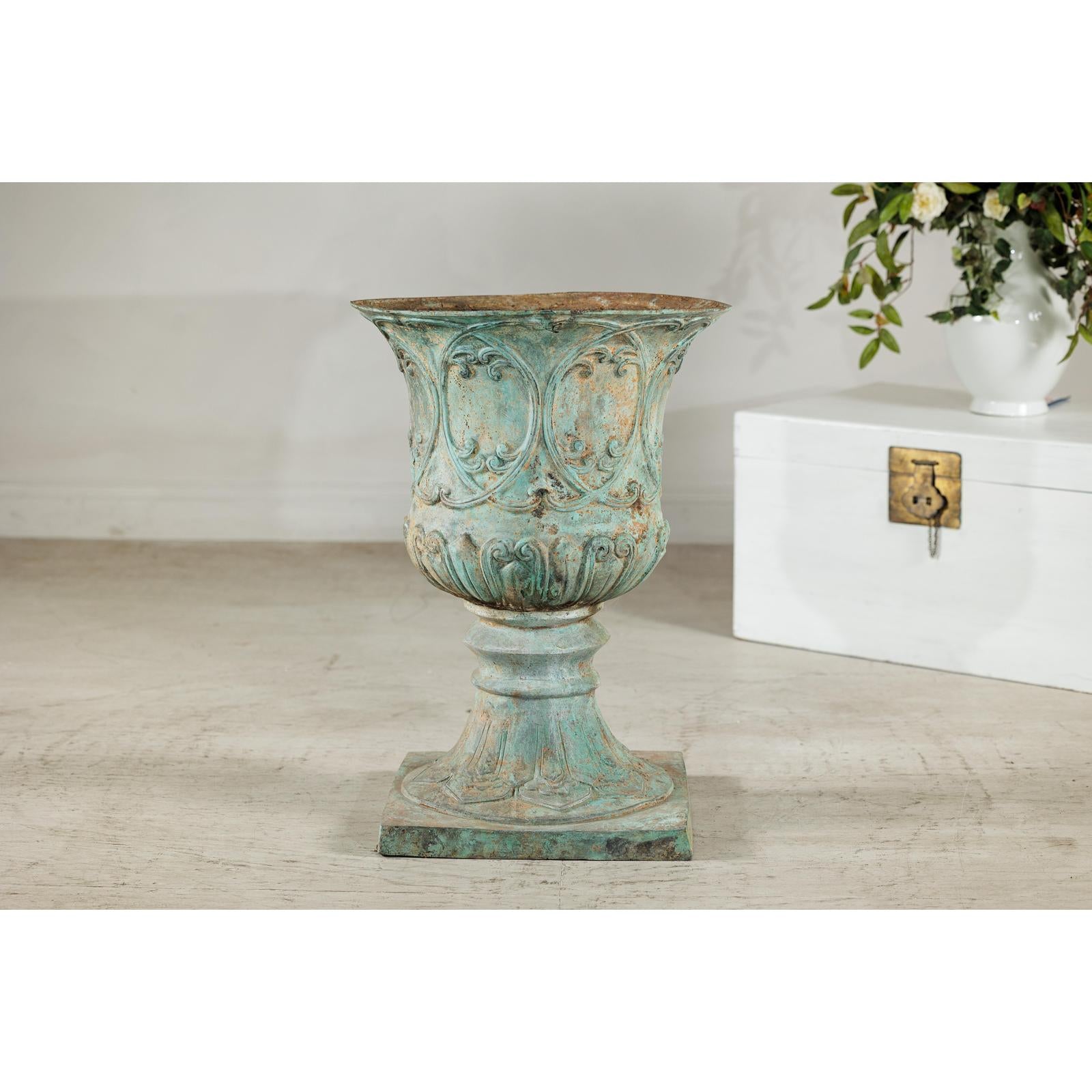 Large Decorative Bronze Urn with Verdigris Patina and Classical Relief Motifs-16. Asian &amp; Chinese Furniture, Art, Antiques, Vintage Home Décor for sale at FEA Home
