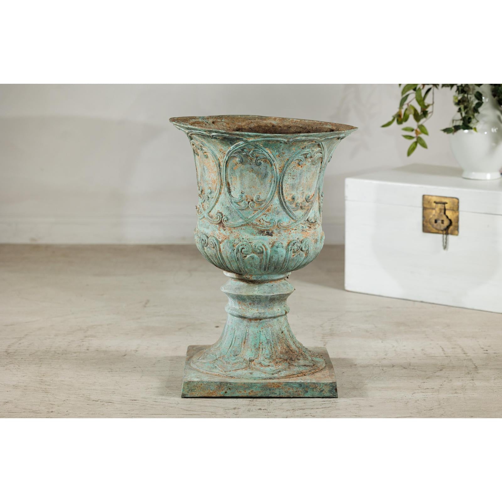 Large Decorative Bronze Urn with Verdigris Patina and Classical Relief Motifs-2. Asian & Chinese Furniture, Art, Antiques, Vintage Home Décor for sale at FEA Home