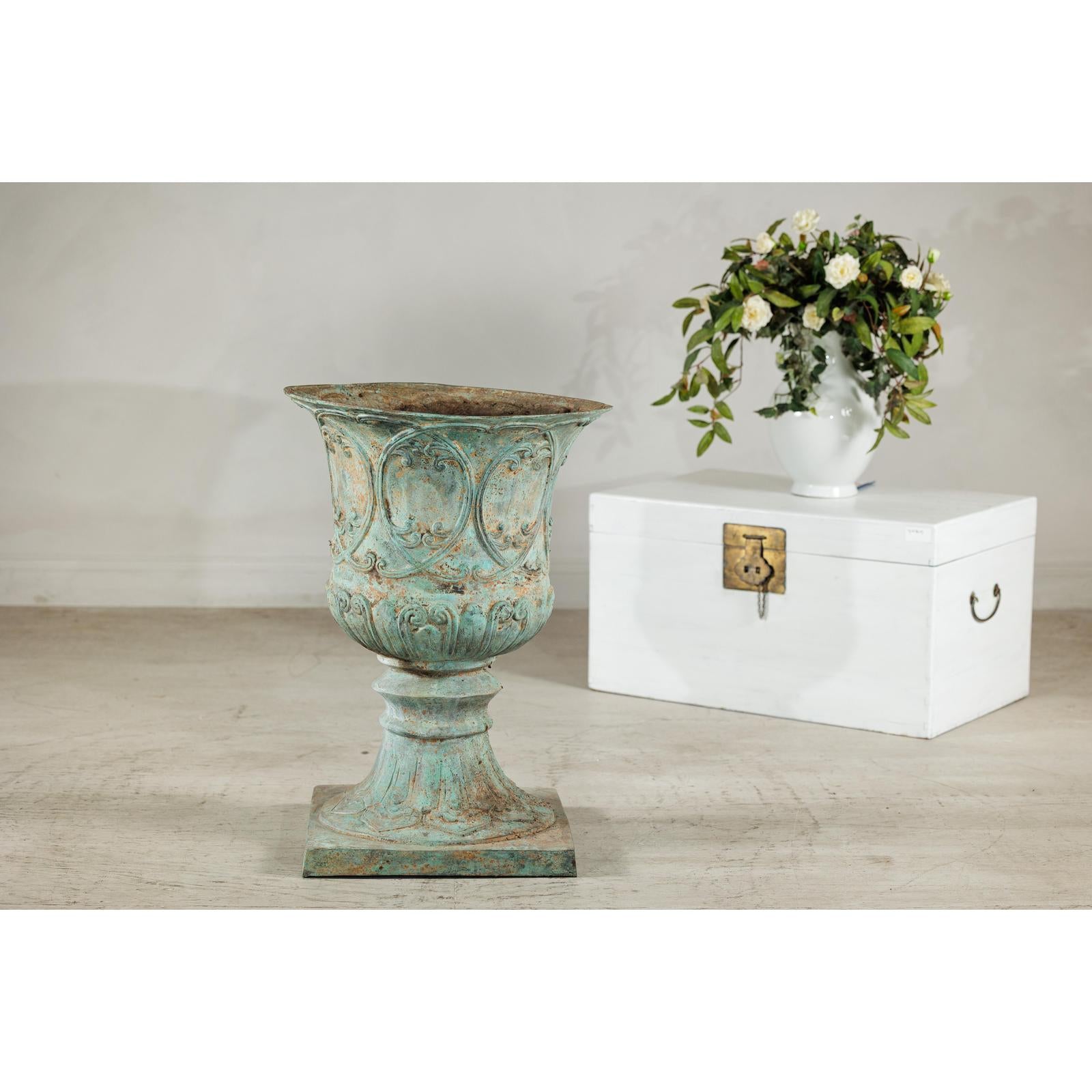 Large Decorative Bronze Urn with Verdigris Patina and Classical Relief Motifs-3. Asian &amp; Chinese Furniture, Art, Antiques, Vintage Home Décor for sale at FEA Home
