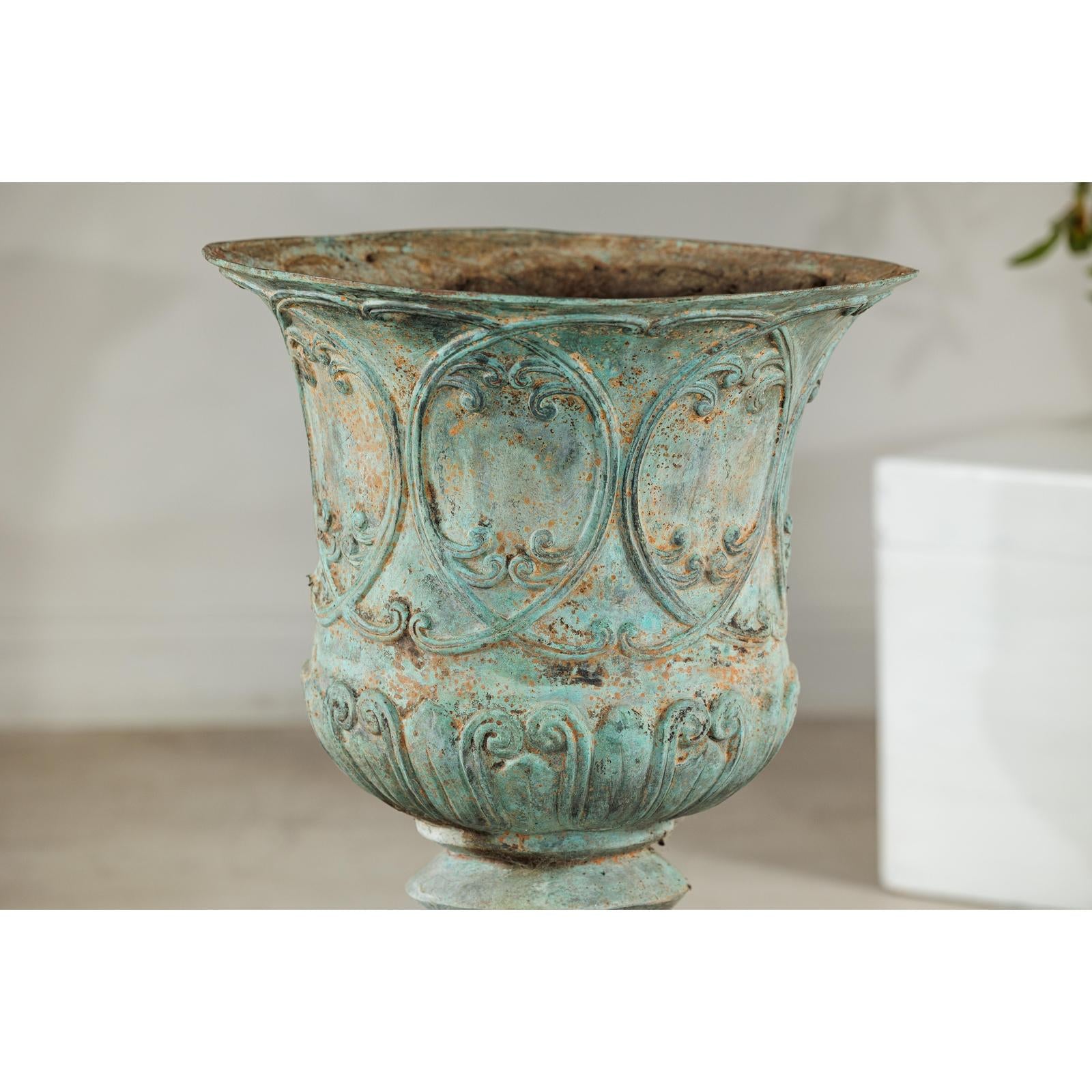 Large Decorative Bronze Urn with Verdigris Patina and Classical Relief Motifs-4. Asian &amp; Chinese Furniture, Art, Antiques, Vintage Home Décor for sale at FEA Home