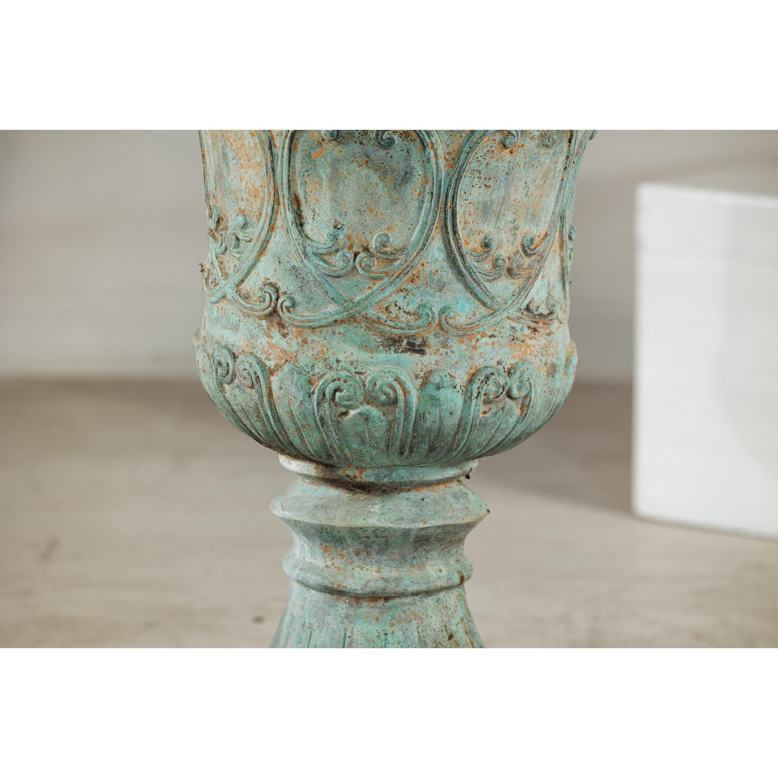 Large Decorative Bronze Urn with Verdigris Patina and Classical Relief Motifs-5. Asian &amp; Chinese Furniture, Art, Antiques, Vintage Home Décor for sale at FEA Home