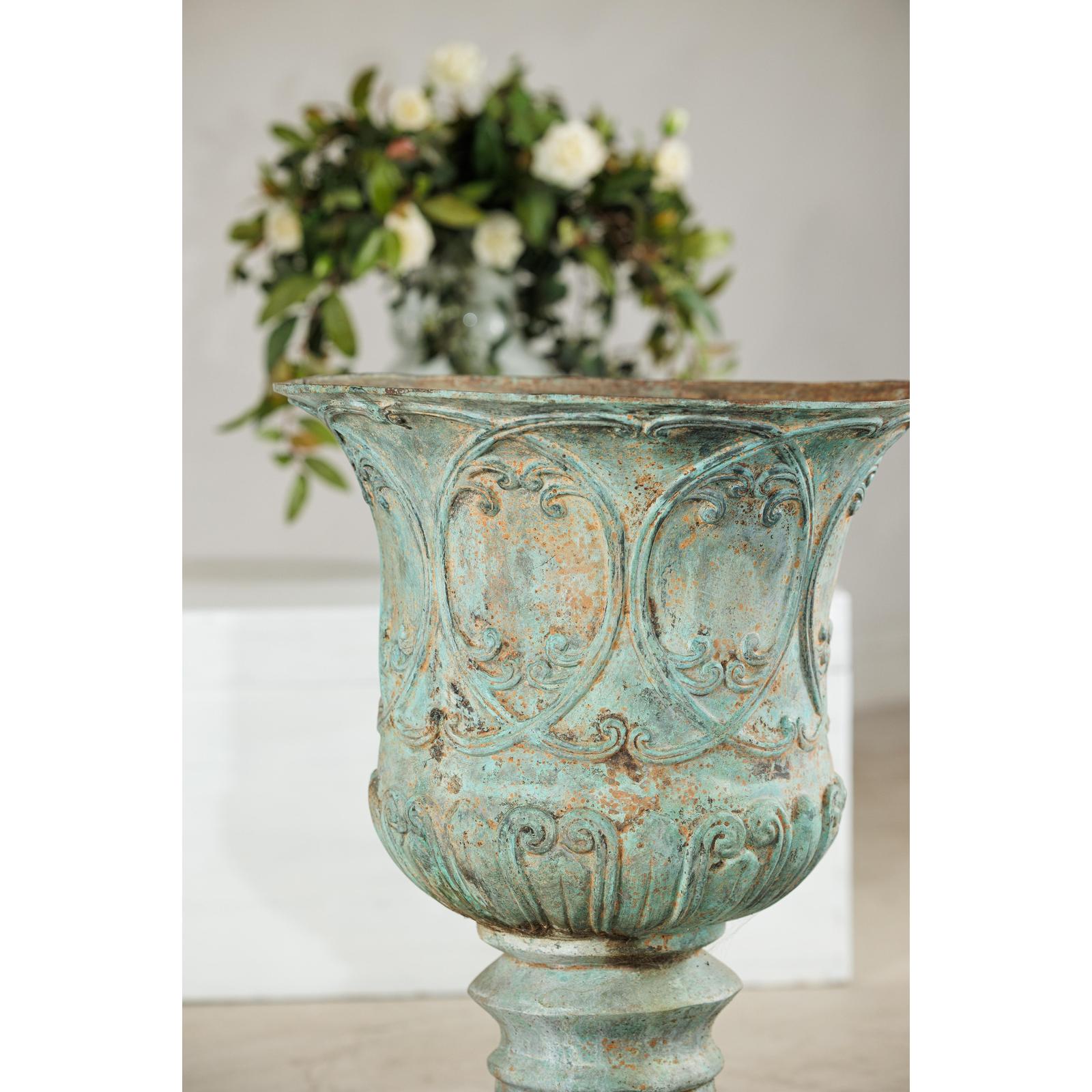 Large Decorative Bronze Urn with Verdigris Patina and Classical Relief Motifs-8. Asian &amp; Chinese Furniture, Art, Antiques, Vintage Home Décor for sale at FEA Home