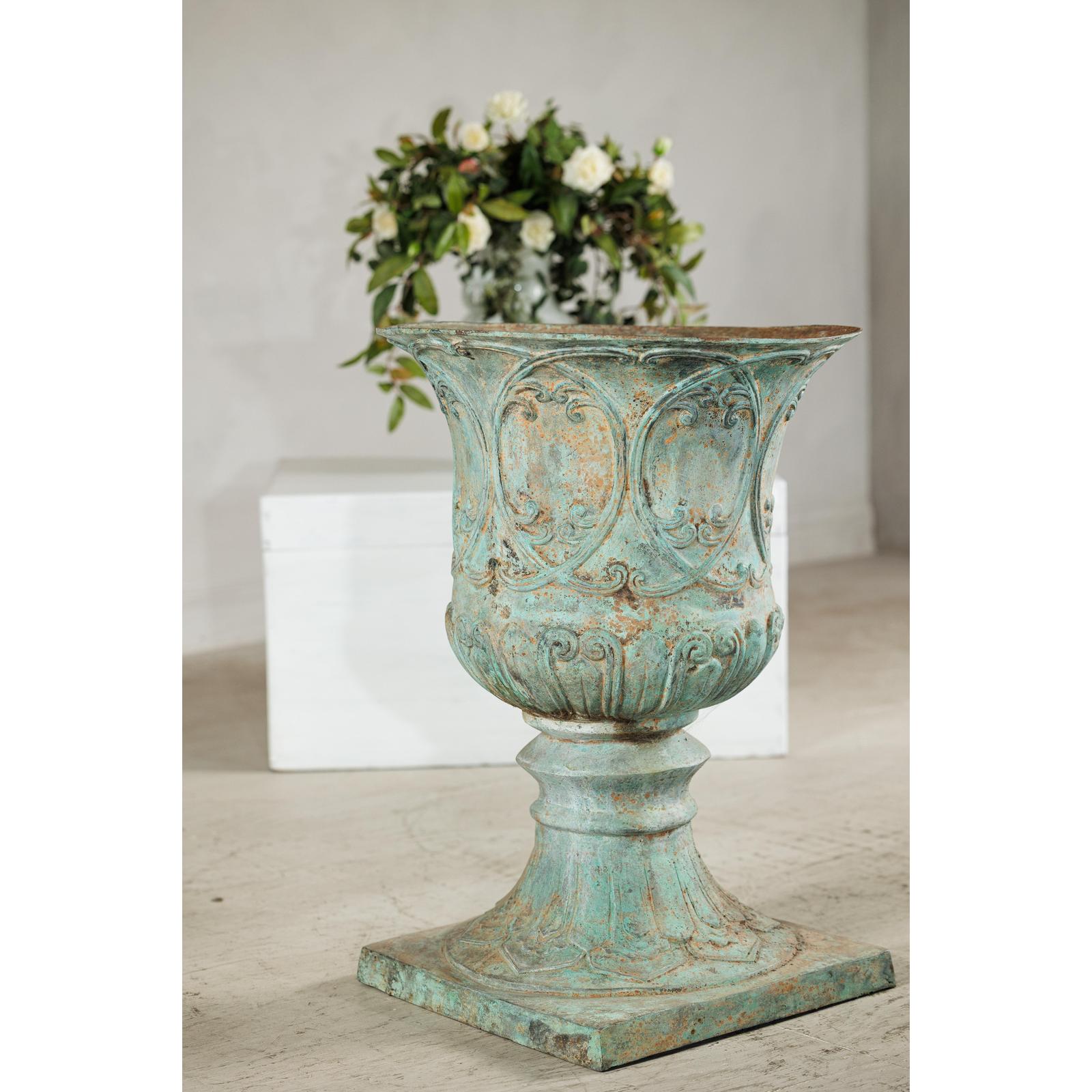 Large Decorative Bronze Urn with Verdigris Patina and Classical Relief Motifs-9. Asian &amp; Chinese Furniture, Art, Antiques, Vintage Home Décor for sale at FEA Home