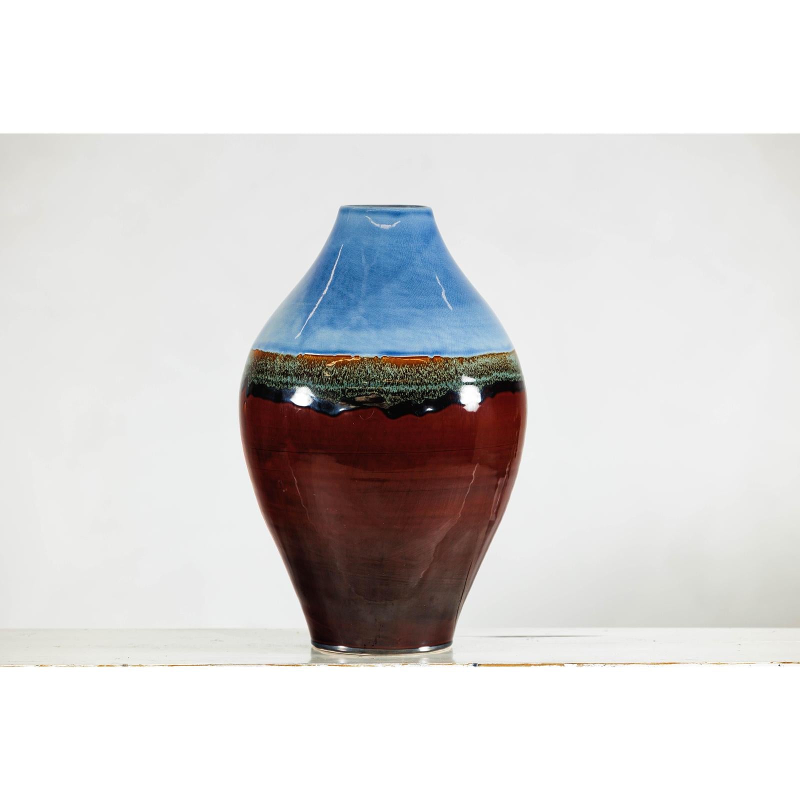 Large Glazed Ceramic Vase with Blue, Green, and Brown Tones-11. Asian &amp; Chinese Furniture, Art, Antiques, Vintage Home Décor for sale at FEA Home