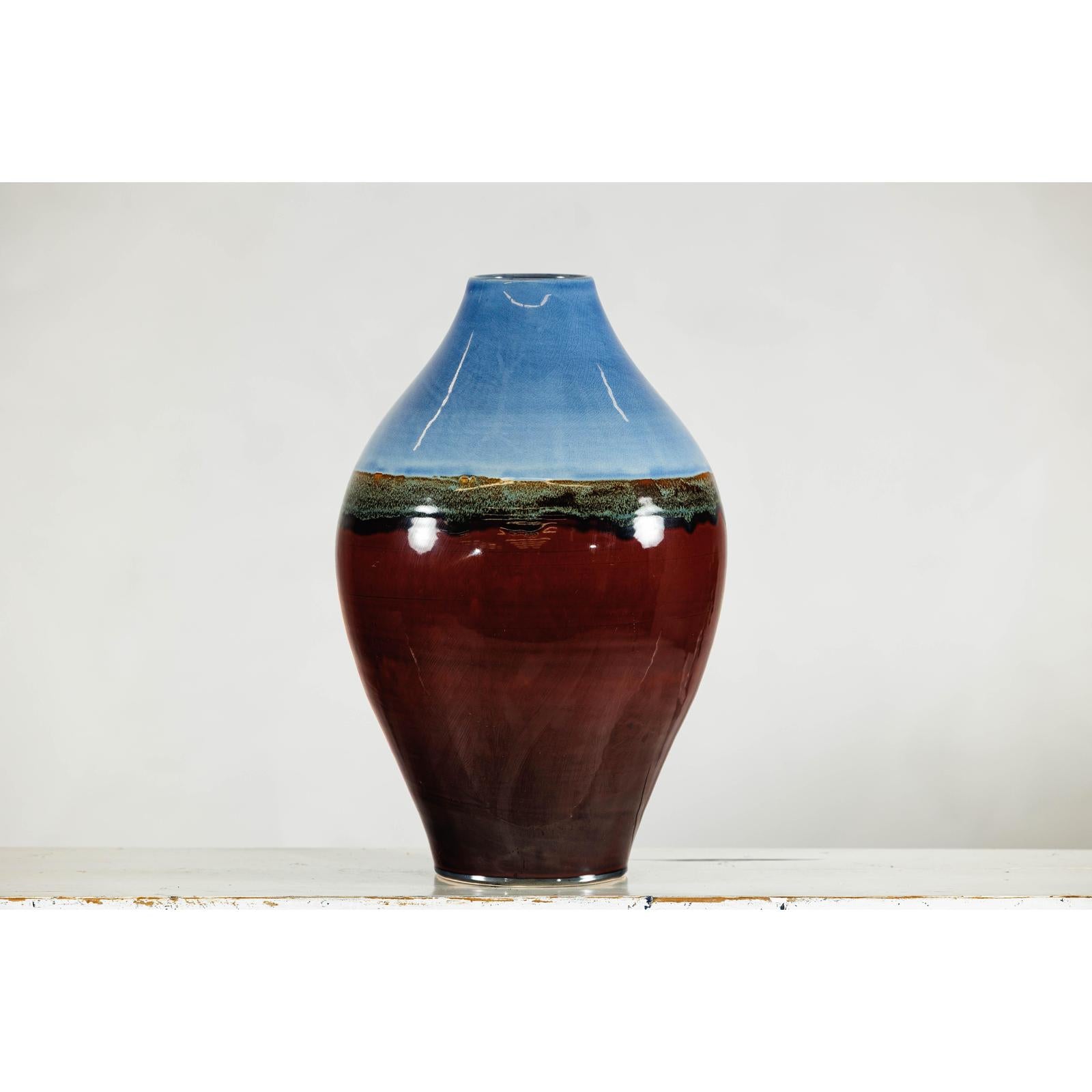 Large Glazed Ceramic Vase with Blue, Green, and Brown Tones-13. Asian &amp; Chinese Furniture, Art, Antiques, Vintage Home Décor for sale at FEA Home