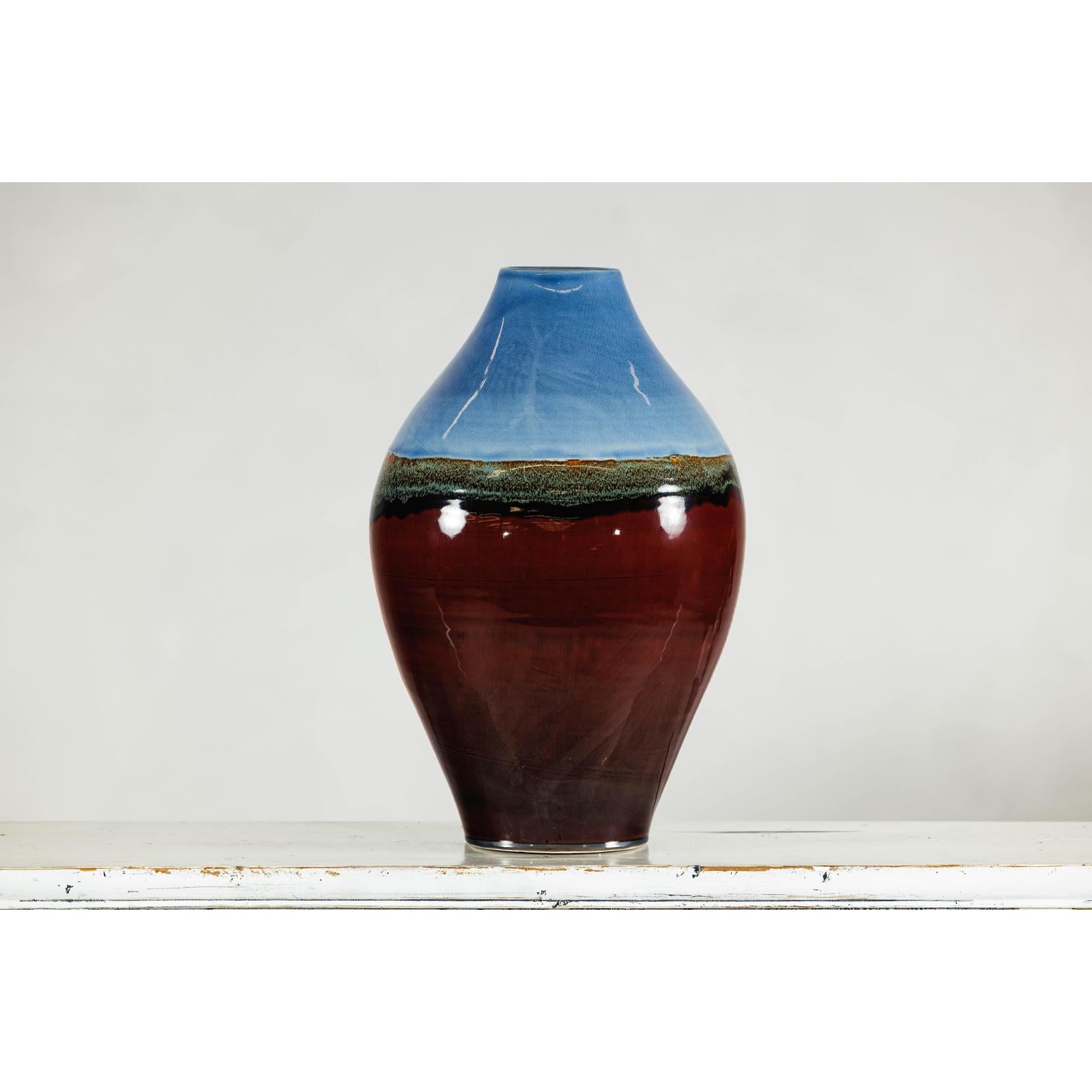 Large Glazed Ceramic Vase with Blue, Green, and Brown Tones-2. Asian & Chinese Furniture, Art, Antiques, Vintage Home Décor for sale at FEA Home