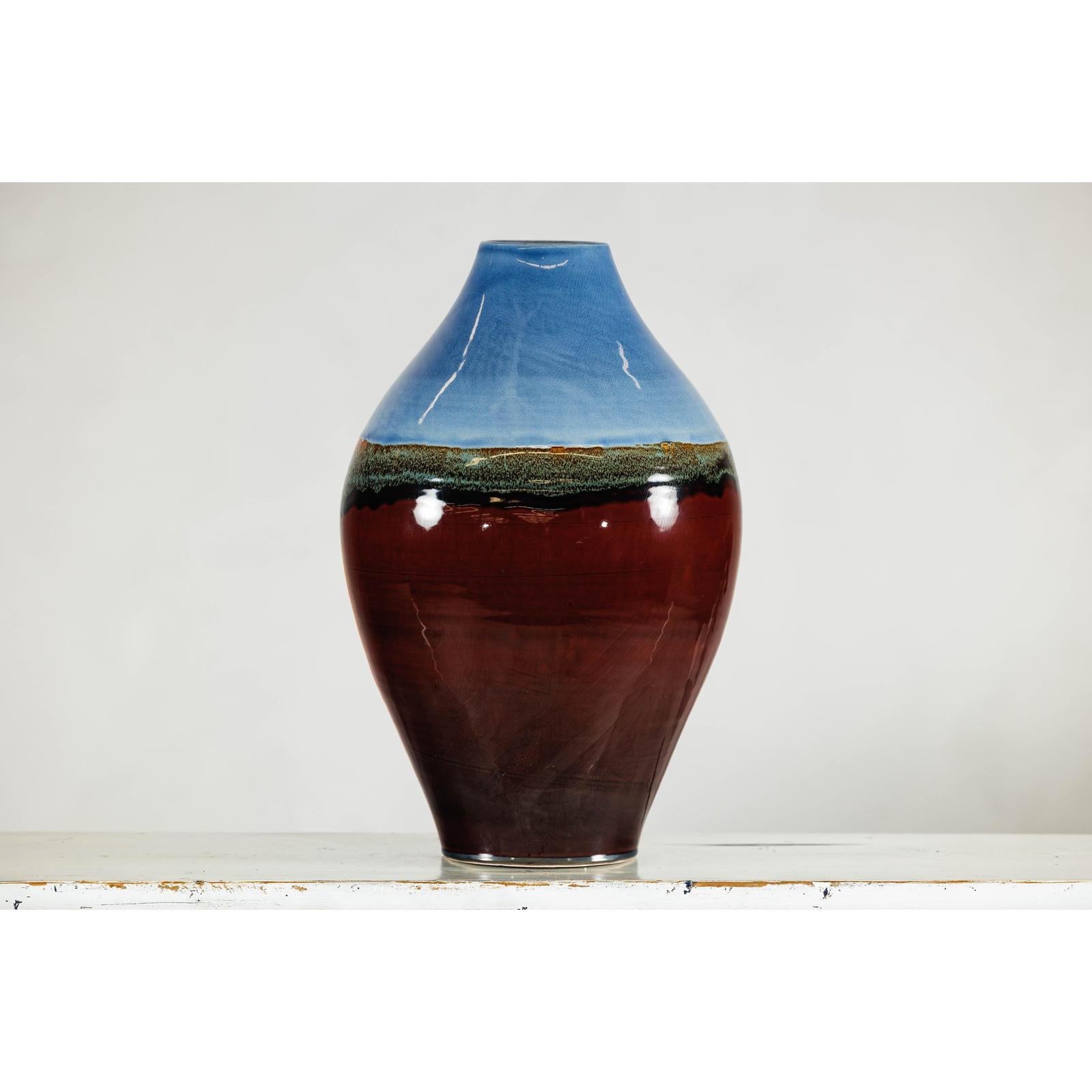 Large Glazed Ceramic Vase with Blue, Green, and Brown Tones-3. Asian &amp; Chinese Furniture, Art, Antiques, Vintage Home Décor for sale at FEA Home