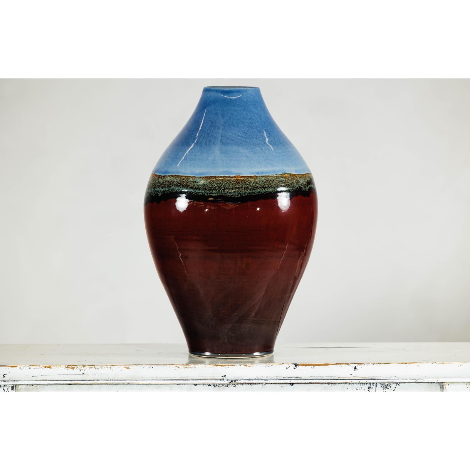 Large Glazed Ceramic Vase with Blue, Green, and Brown Tones-5. Asian &amp; Chinese Furniture, Art, Antiques, Vintage Home Décor for sale at FEA Home