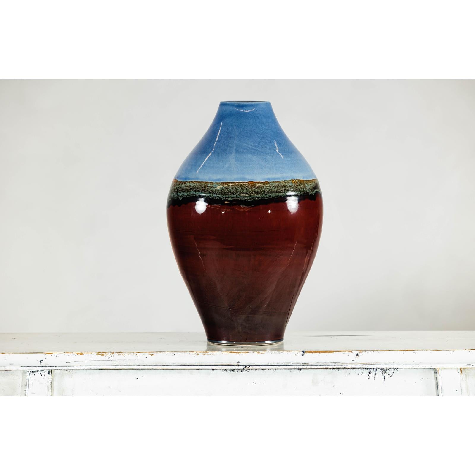 Large Glazed Ceramic Vase with Blue, Green, and Brown Tones-6. Asian &amp; Chinese Furniture, Art, Antiques, Vintage Home Décor for sale at FEA Home
