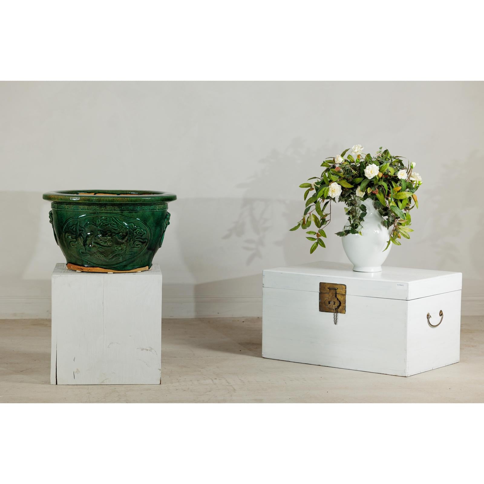 Large Green Glazed Planter, Dragon Relief and Decorative Motifs-11. Asian &amp; Chinese Furniture, Art, Antiques, Vintage Home Décor for sale at FEA Home