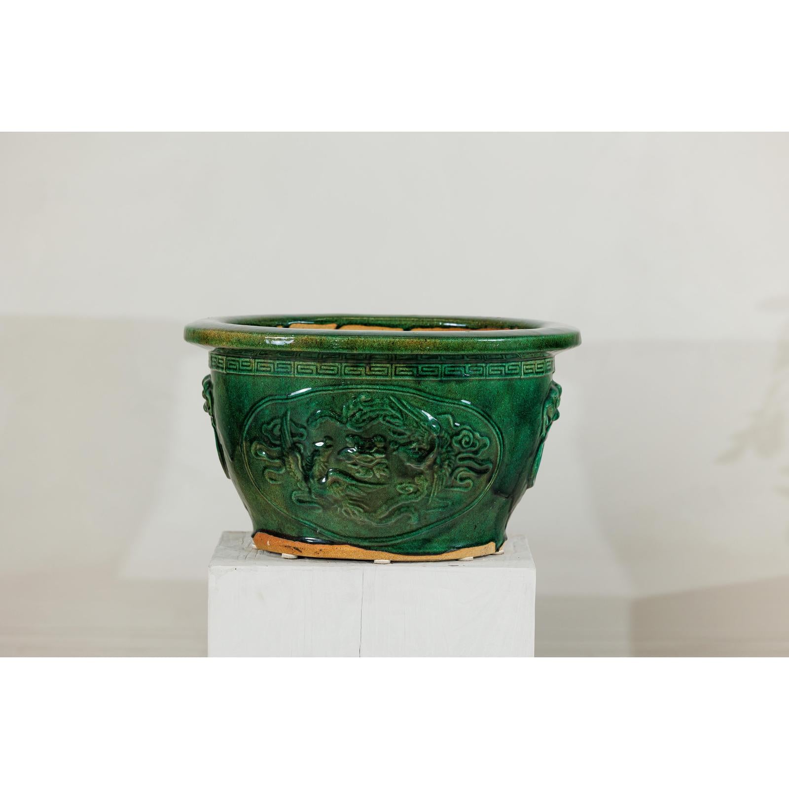 Large Green Glazed Planter, Dragon Relief and Decorative Motifs-4. Asian &amp; Chinese Furniture, Art, Antiques, Vintage Home Décor for sale at FEA Home