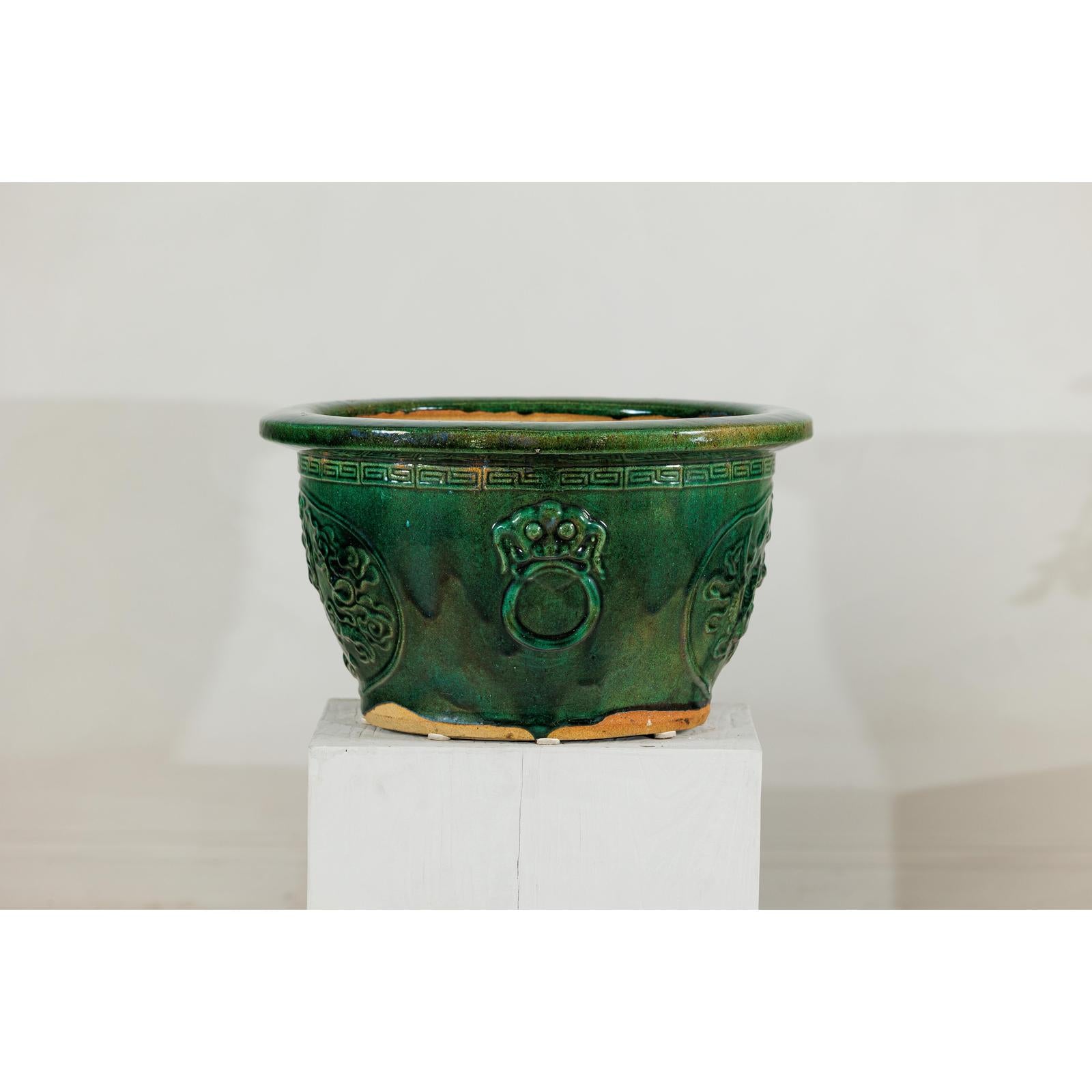 Large Green Glazed Planter, Dragon Relief and Decorative Motifs-5. Asian &amp; Chinese Furniture, Art, Antiques, Vintage Home Décor for sale at FEA Home