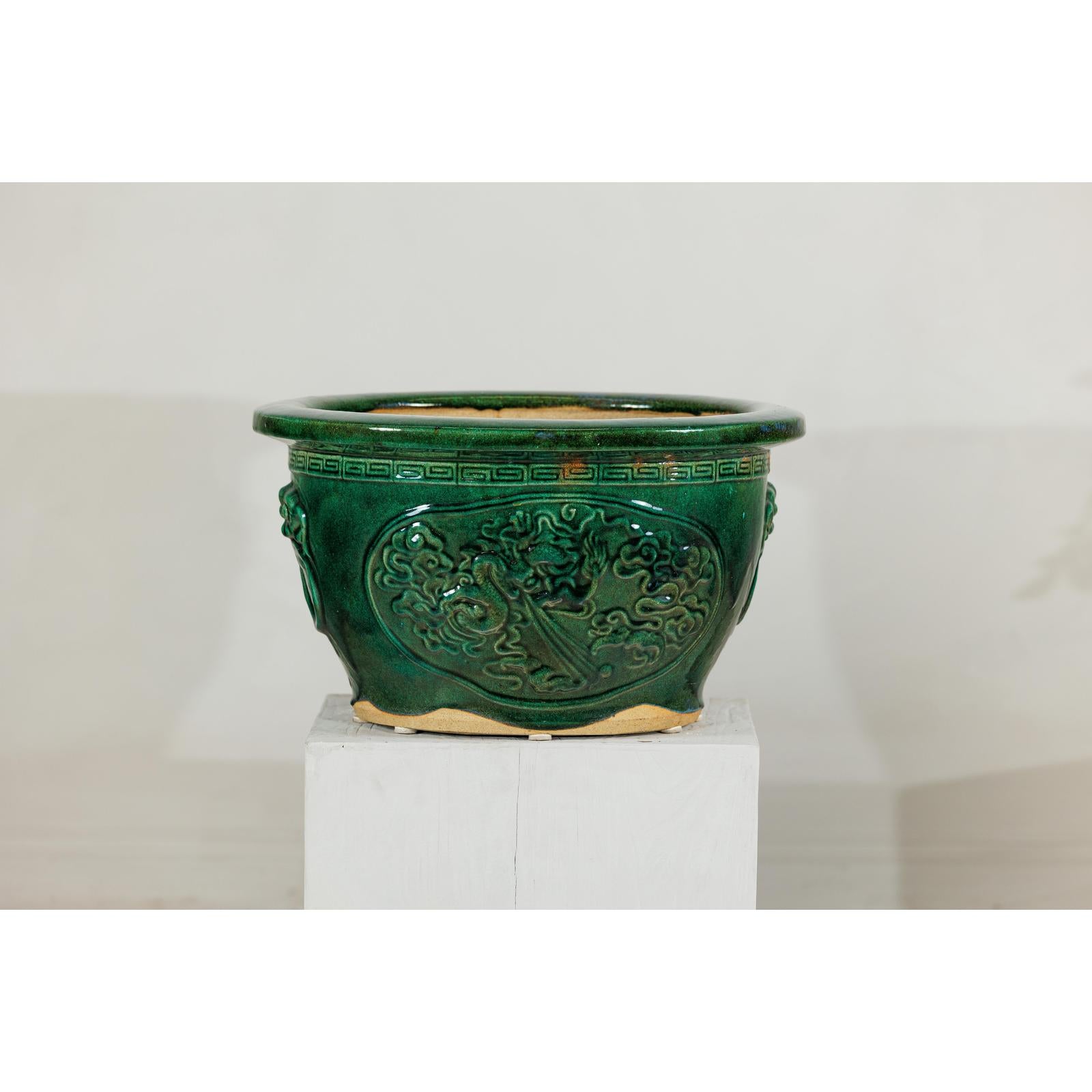 chinese style indoor plant pots Large Green Planter with Dragon Relief & Decorative Motifs