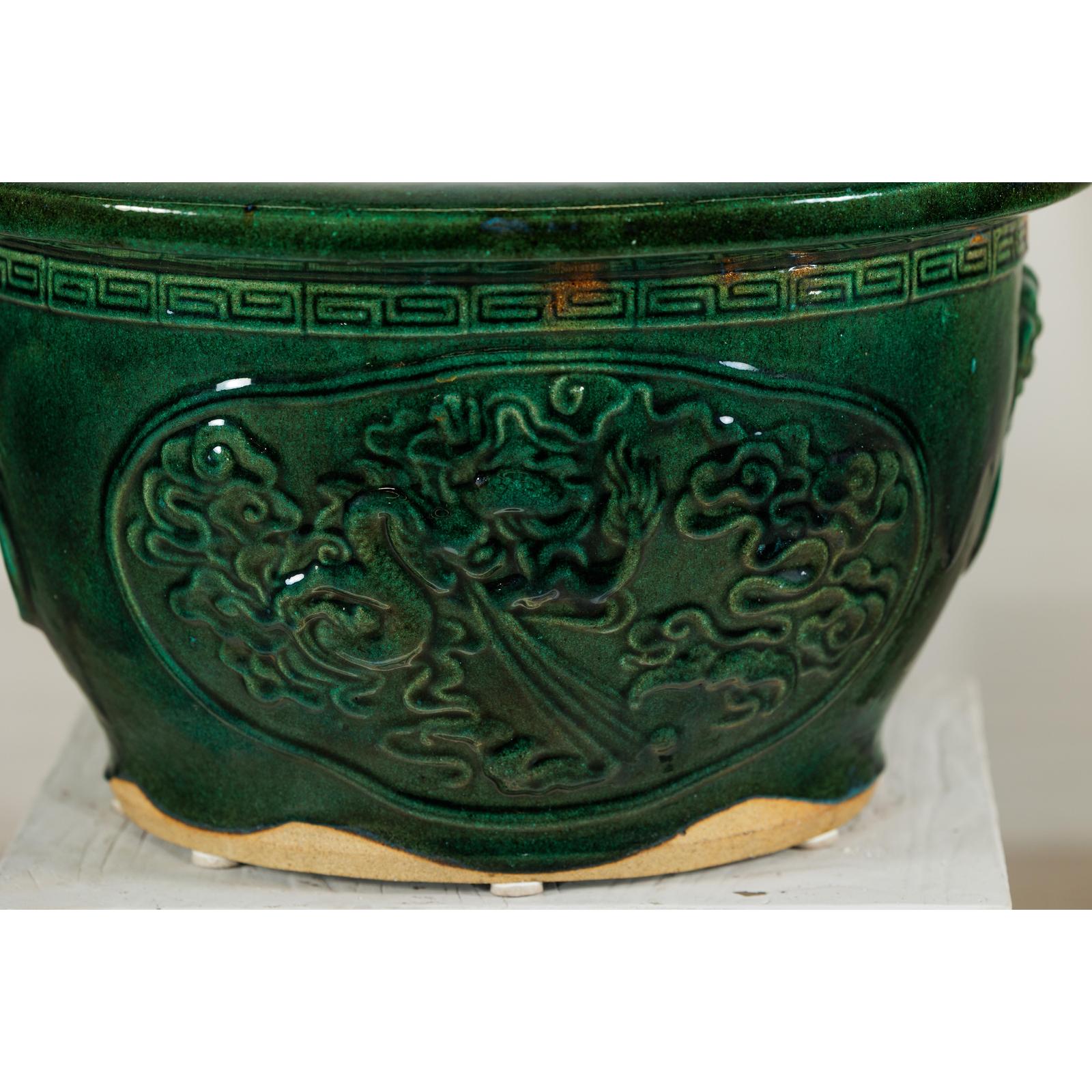 Large Green Glazed Planter, Dragon Relief and Decorative Motifs-7. Asian &amp; Chinese Furniture, Art, Antiques, Vintage Home Décor for sale at FEA Home