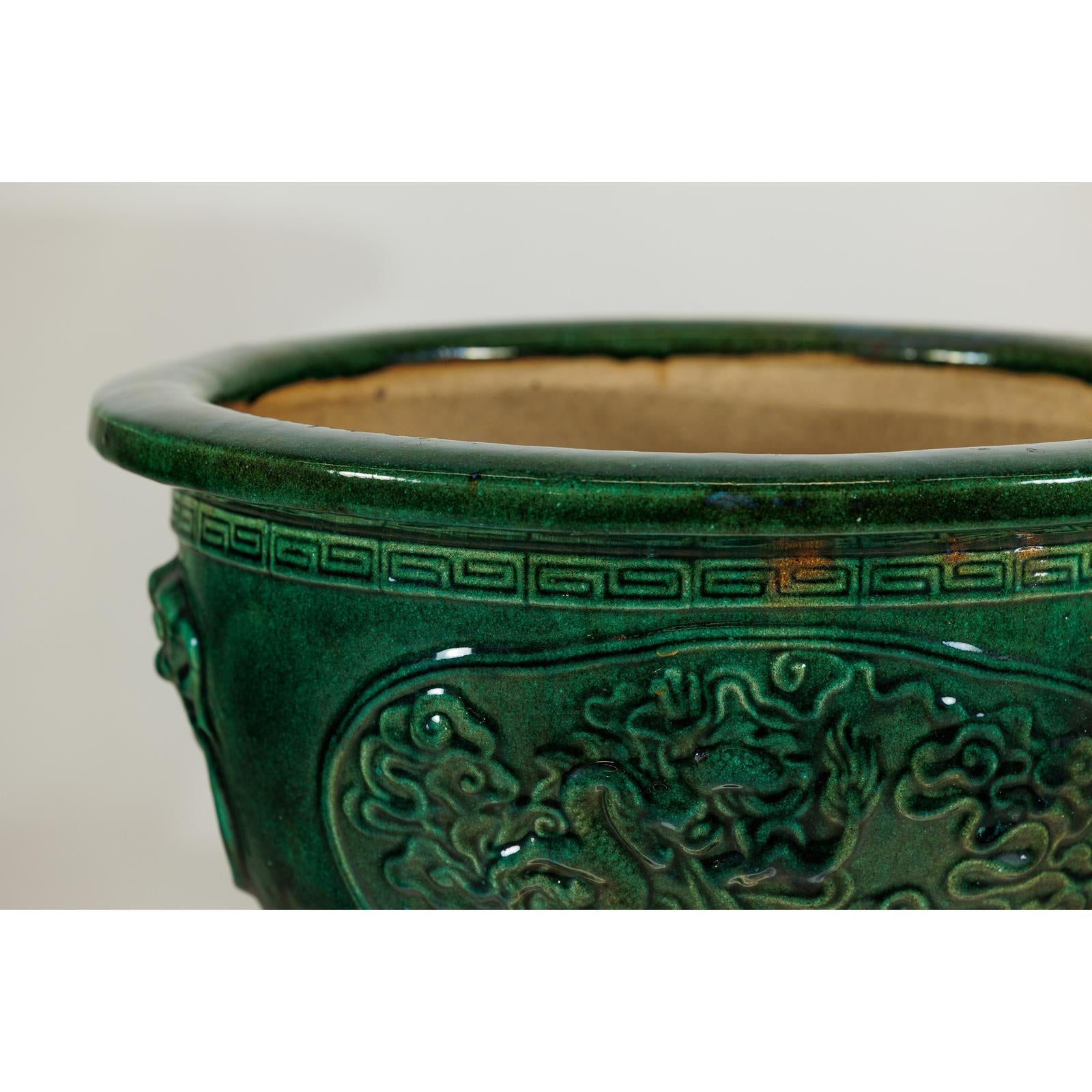 Large Green Glazed Planter, Dragon Relief and Decorative Motifs-8. Asian &amp; Chinese Furniture, Art, Antiques, Vintage Home Décor for sale at FEA Home