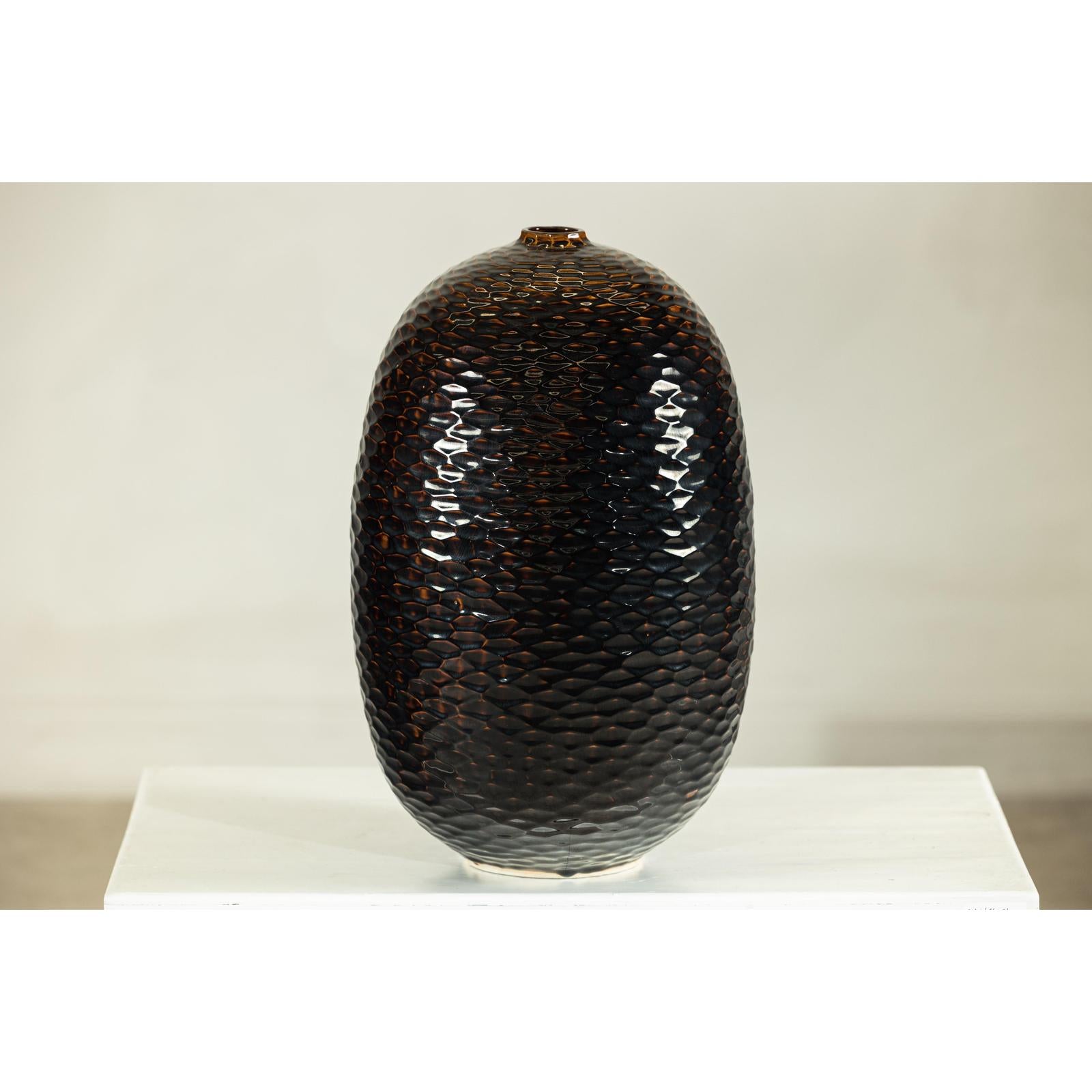 Large Honeycomb-Textured Ceramic Vase in Deep Brown &amp; Black Glaze