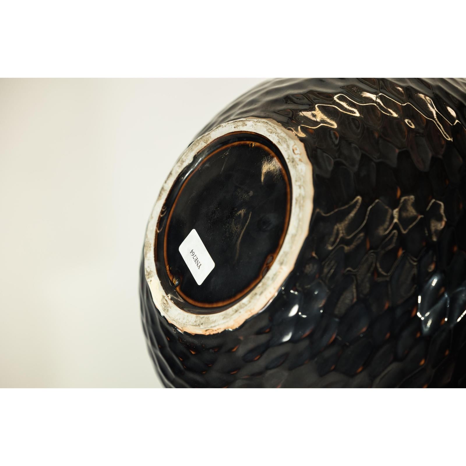 Large Honeycomb-Textured Ceramic Vase in Deep Brown &amp; Black Glaze