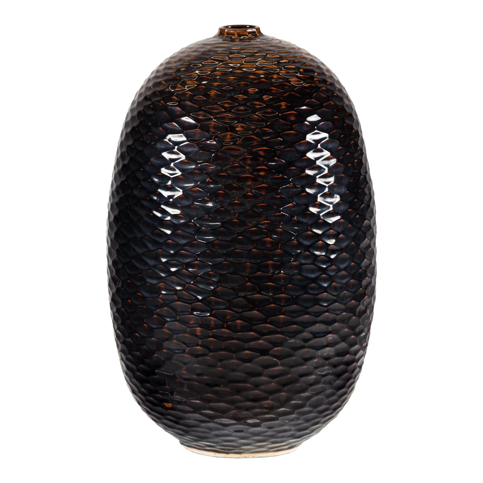 Large Honeycomb-Textured Ceramic Vase in Deep Brown &amp; Black Glaze