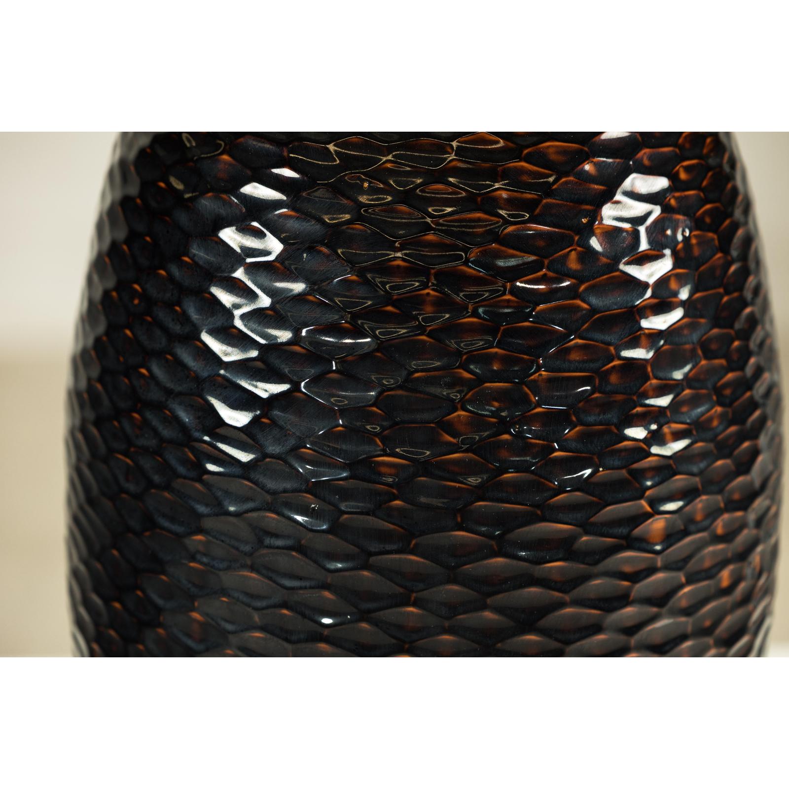 Large Honeycomb-Textured Ceramic Vase in Deep Brown &amp; Black Glaze
