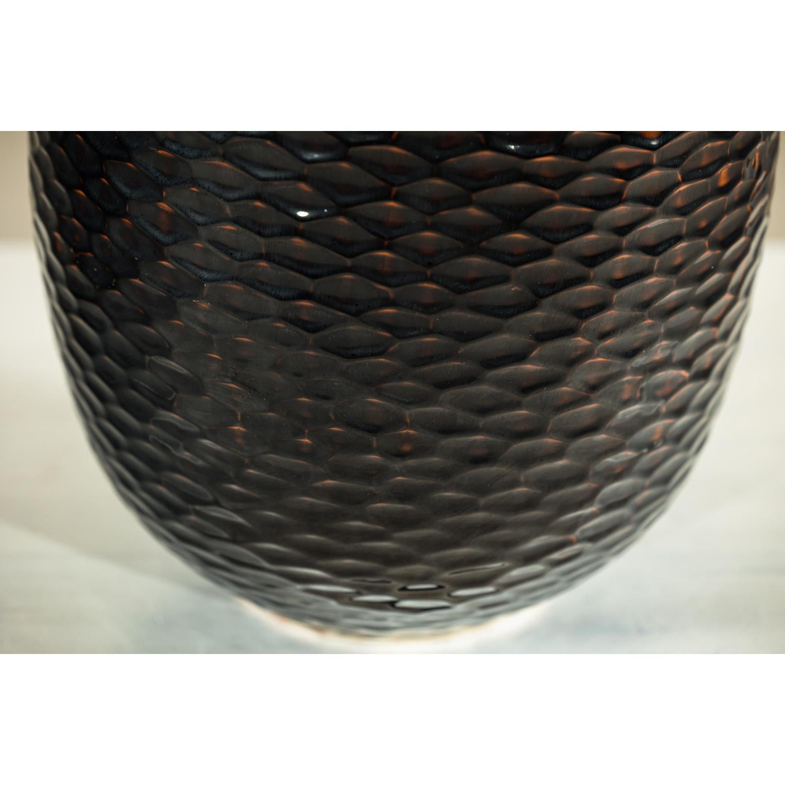 Large Honeycomb-Textured Ceramic Vase in Deep Brown &amp; Black Glaze