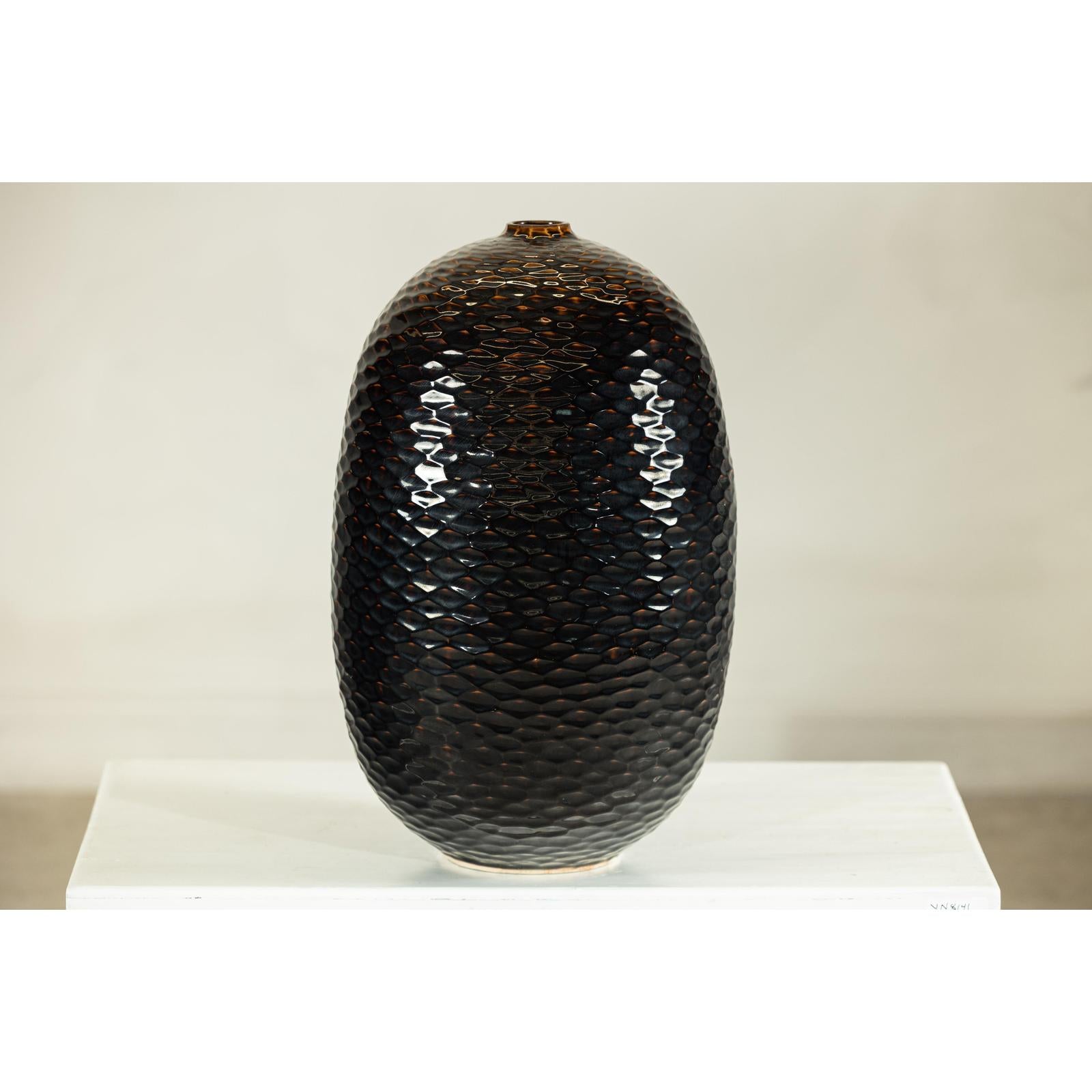 Large Honeycomb-Textured Ceramic Vase in Deep Brown &amp; Black Glaze