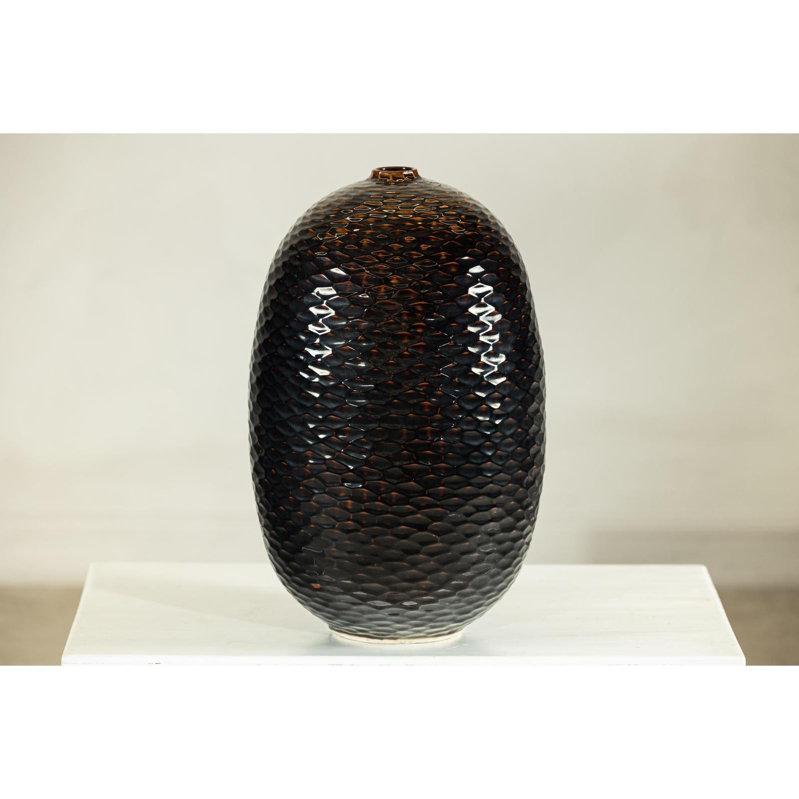 Large Honeycomb-Textured Ceramic Vase in Deep Brown &amp; Black Glaze