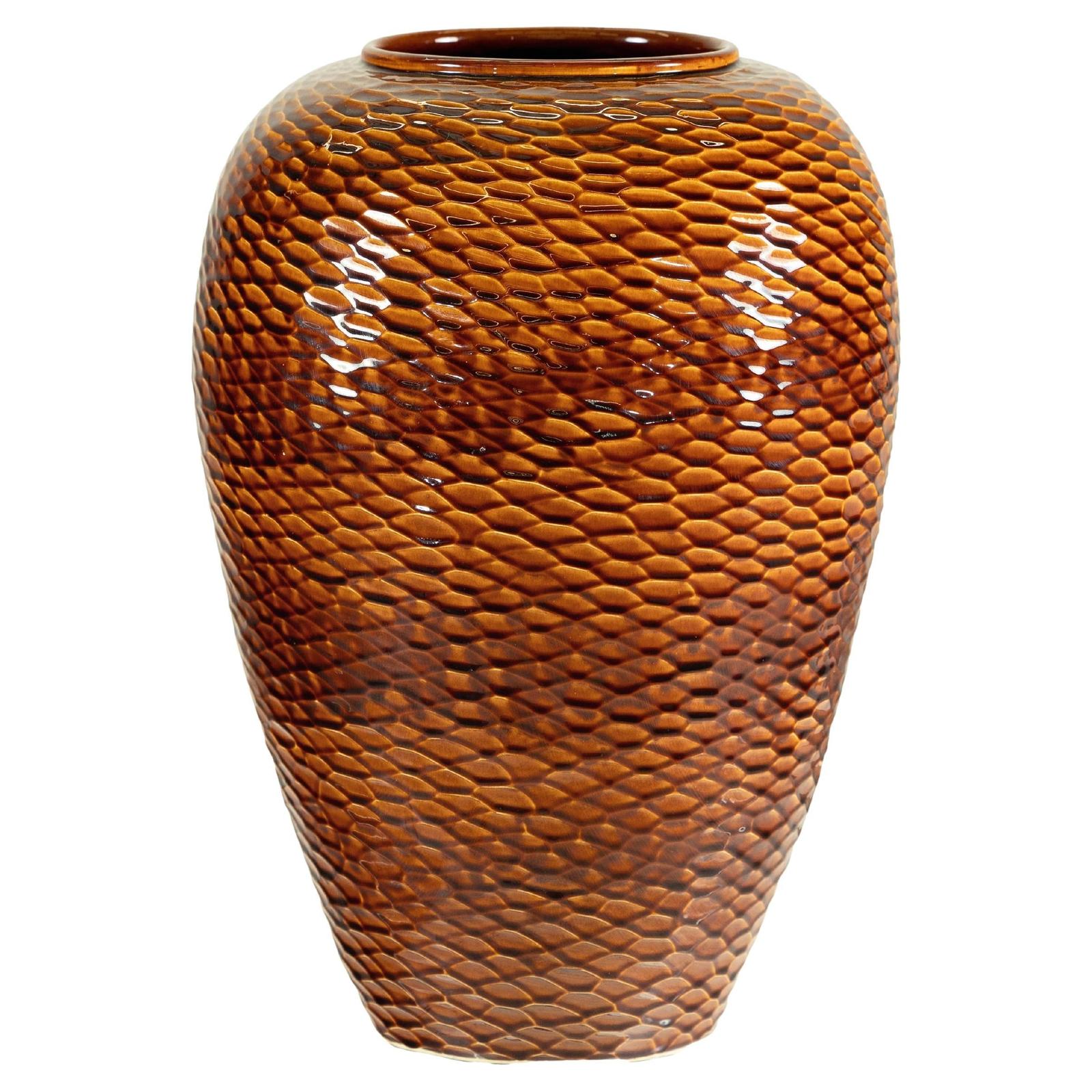 Large Honeycomb-Textured Ceramic Vase with Amber Glaze - image 1