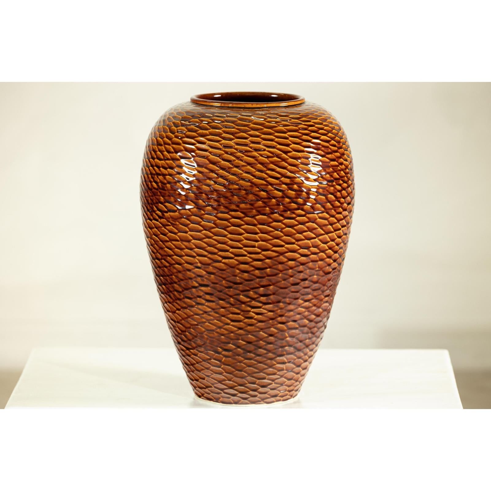Large Honeycomb-Textured Ceramic Vase with Amber Glaze - image 10