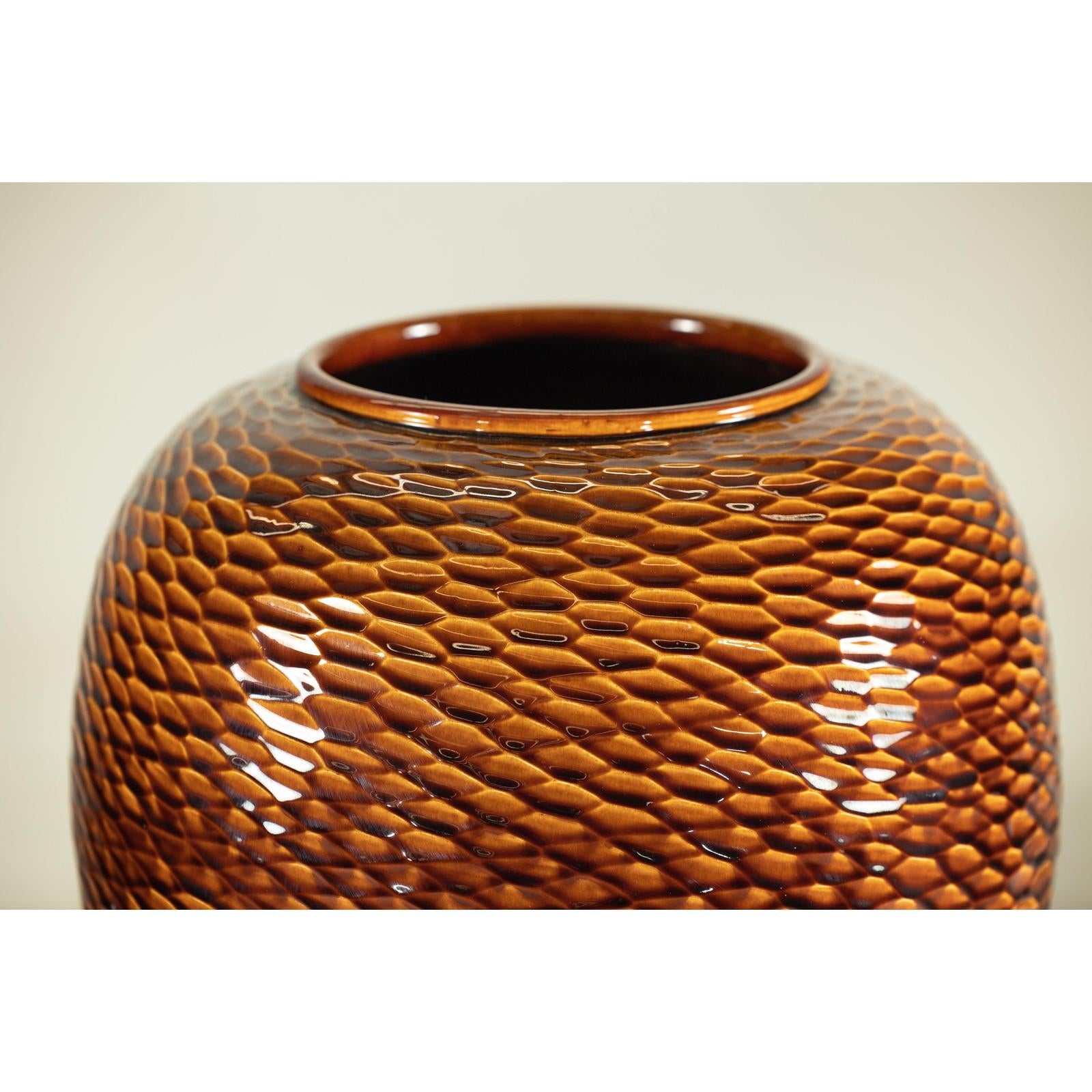 Large Honeycomb-Textured Ceramic Vase with Amber Glaze - image 11