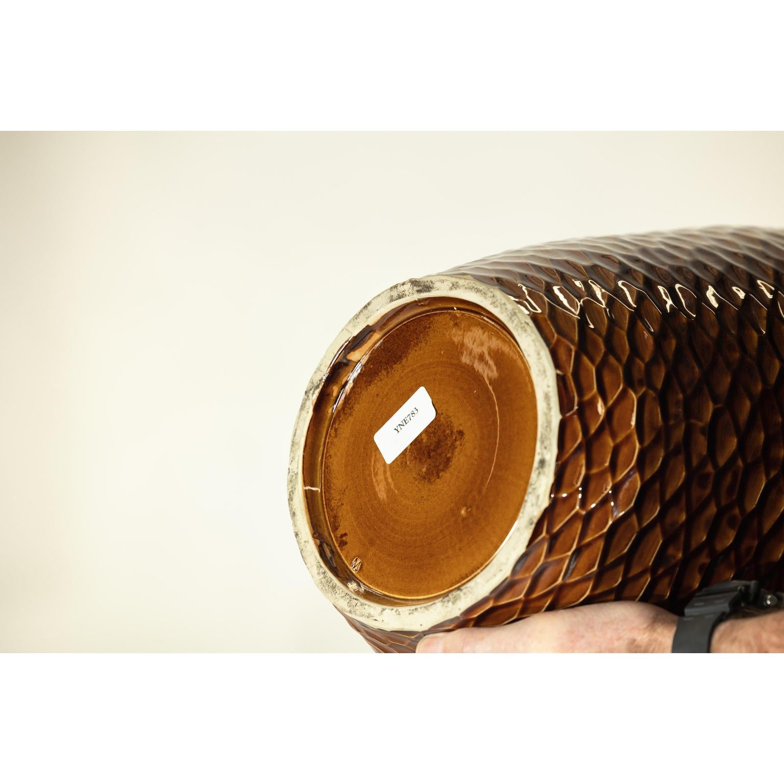 Large Honeycomb-Textured Ceramic Vase with Amber Glaze - image 12